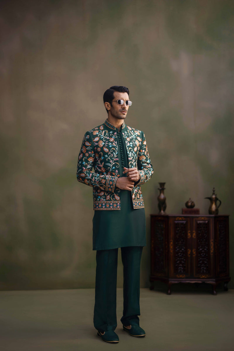 Dark Green Embroidered Cotton Silk Prince Coat (3-Piece) - Image 3