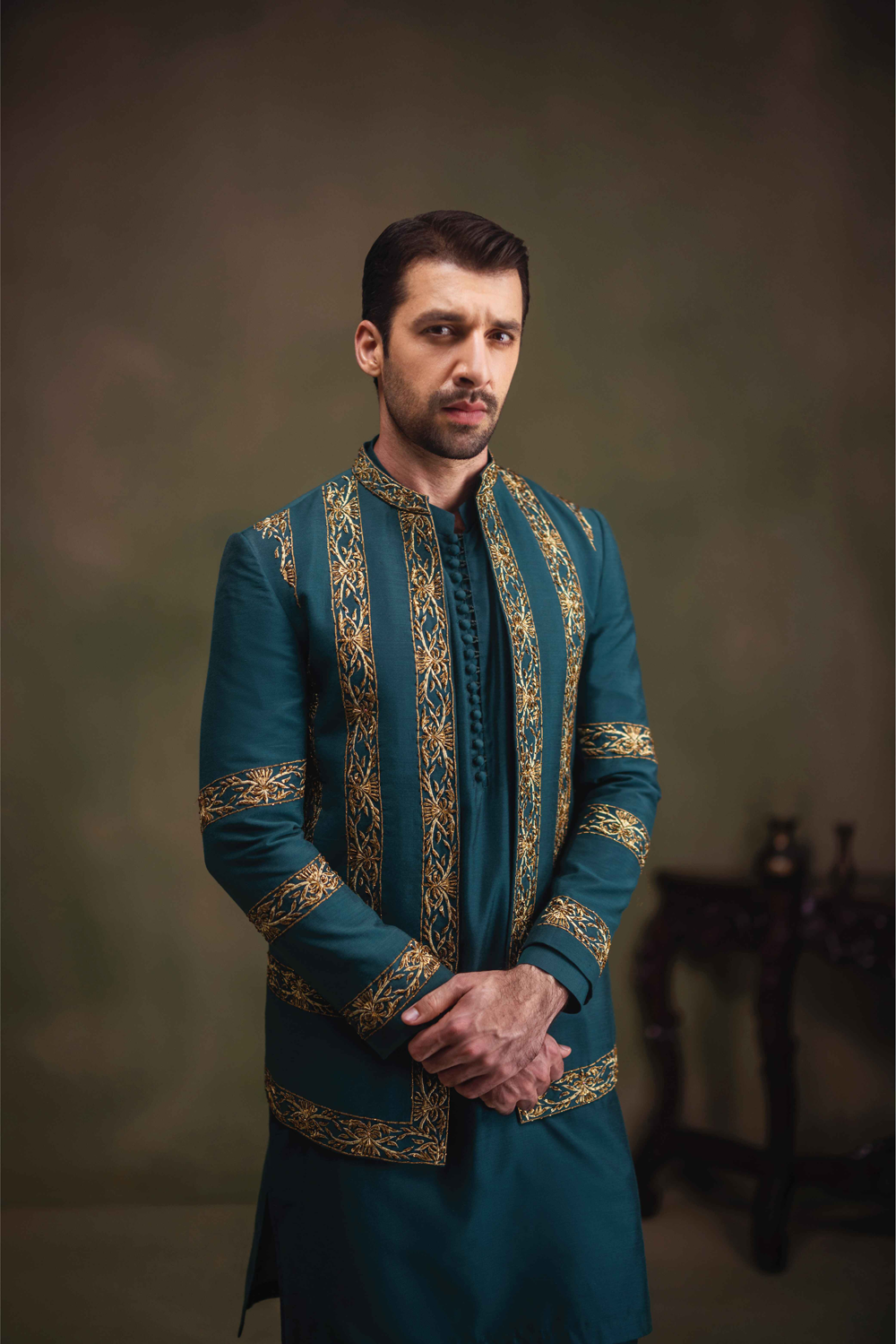 Teal Green Golden Embroidered Cotton Silk Prince Coat (3-Piece) - Image 2