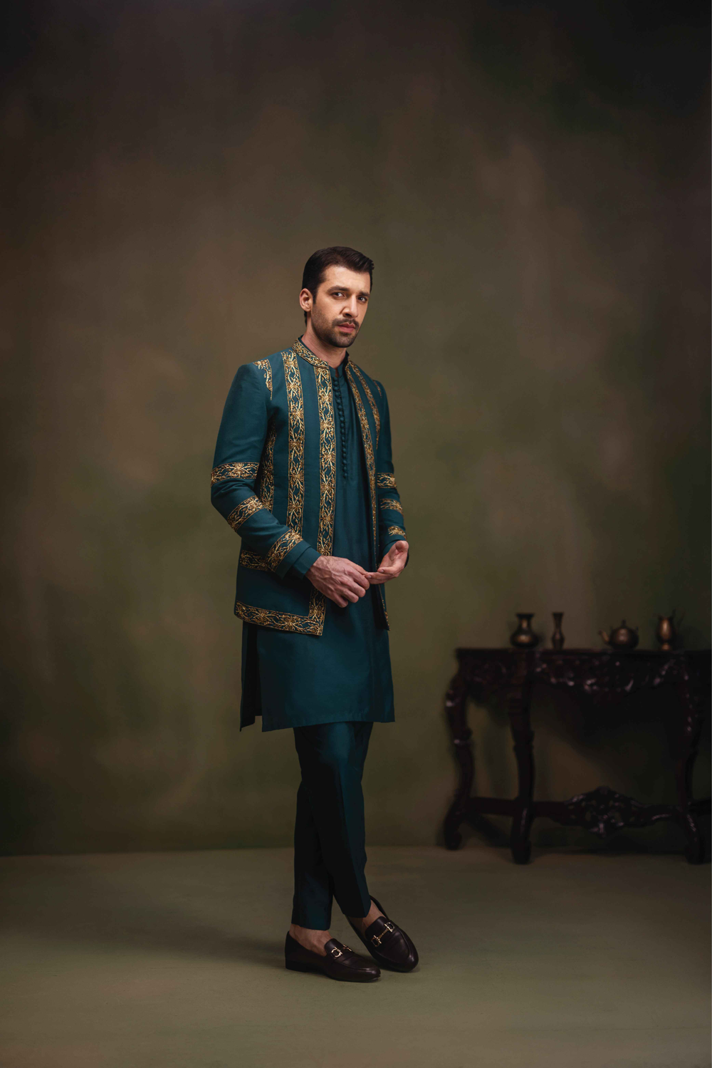 Teal Green Golden Embroidered Cotton Silk Prince Coat (3-Piece) - Image 3