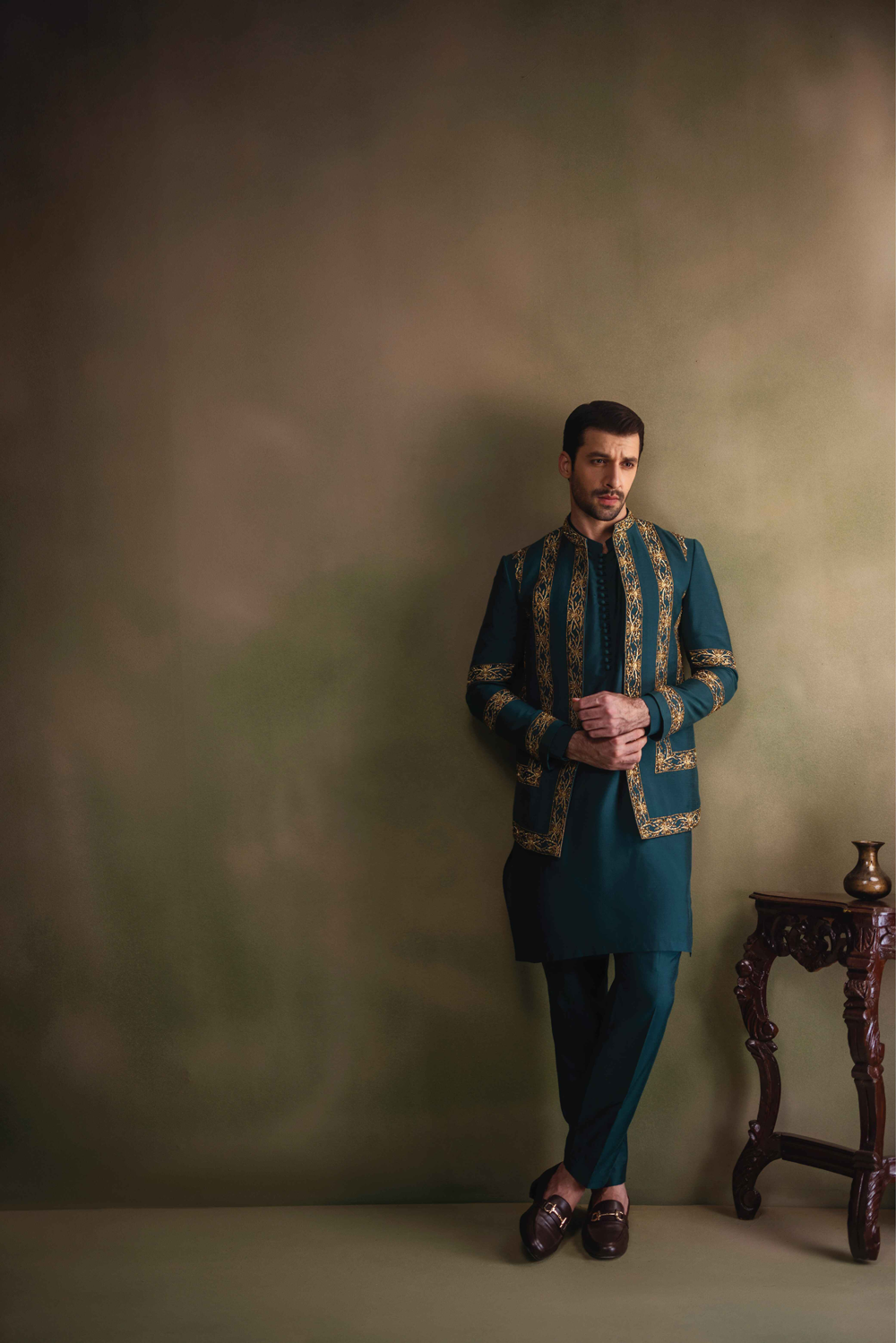 Teal Green Golden Embroidered Cotton Silk Prince Coat (3-Piece) - Image 4