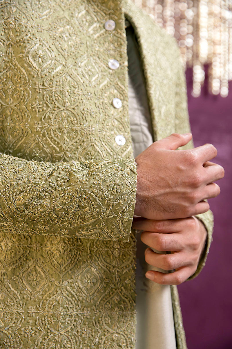 Mint Green Hand-Embellished Cotton Silk Jacquard Prince Coat (3-Piece) - Image 1