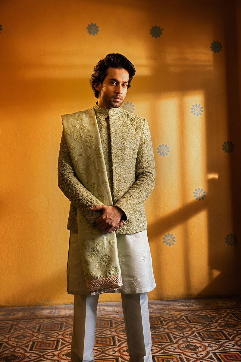 Mint Green Hand-Embellished Cotton Silk Jacquard Prince Coat (3-Piece) - Image 2