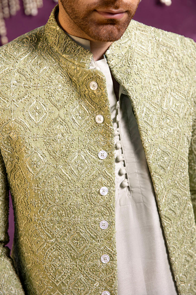 Mint Green Hand-Embellished Cotton Silk Jacquard Prince Coat (3-Piece) - Image 3