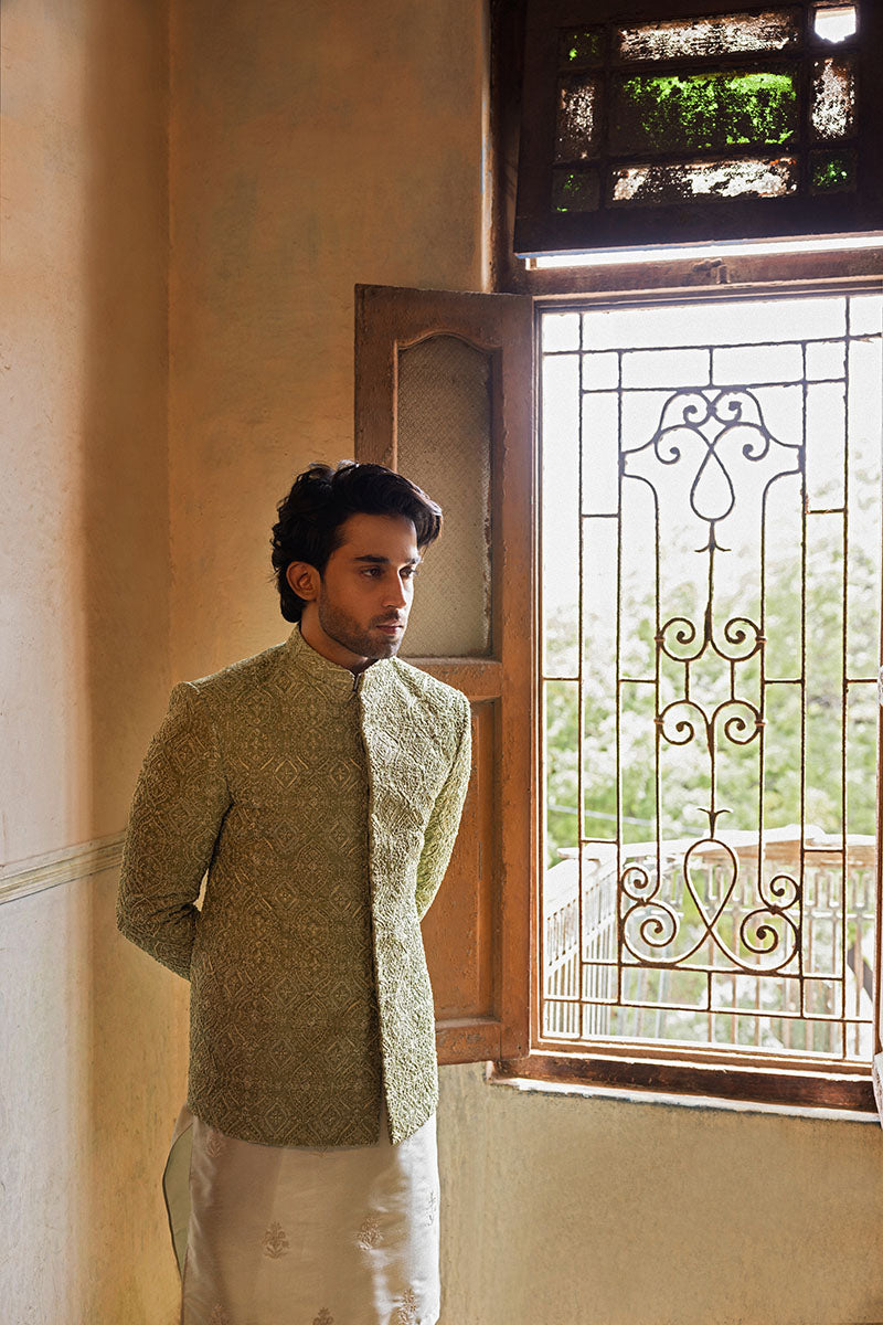 Mint Green Hand-Embellished Cotton Silk Jacquard Prince Coat (3-Piece) - Image 4