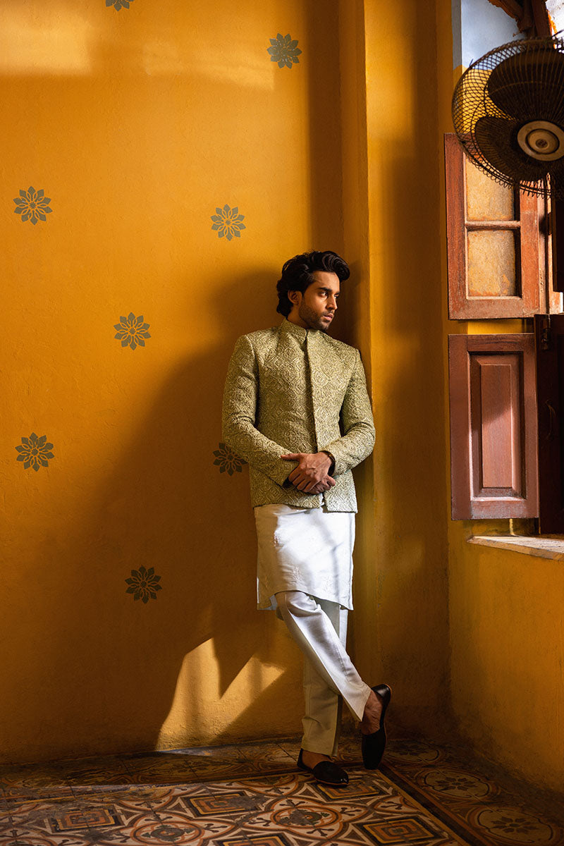 Mint Green Hand-Embellished Cotton Silk Jacquard Prince Coat (3-Piece) - Image 5