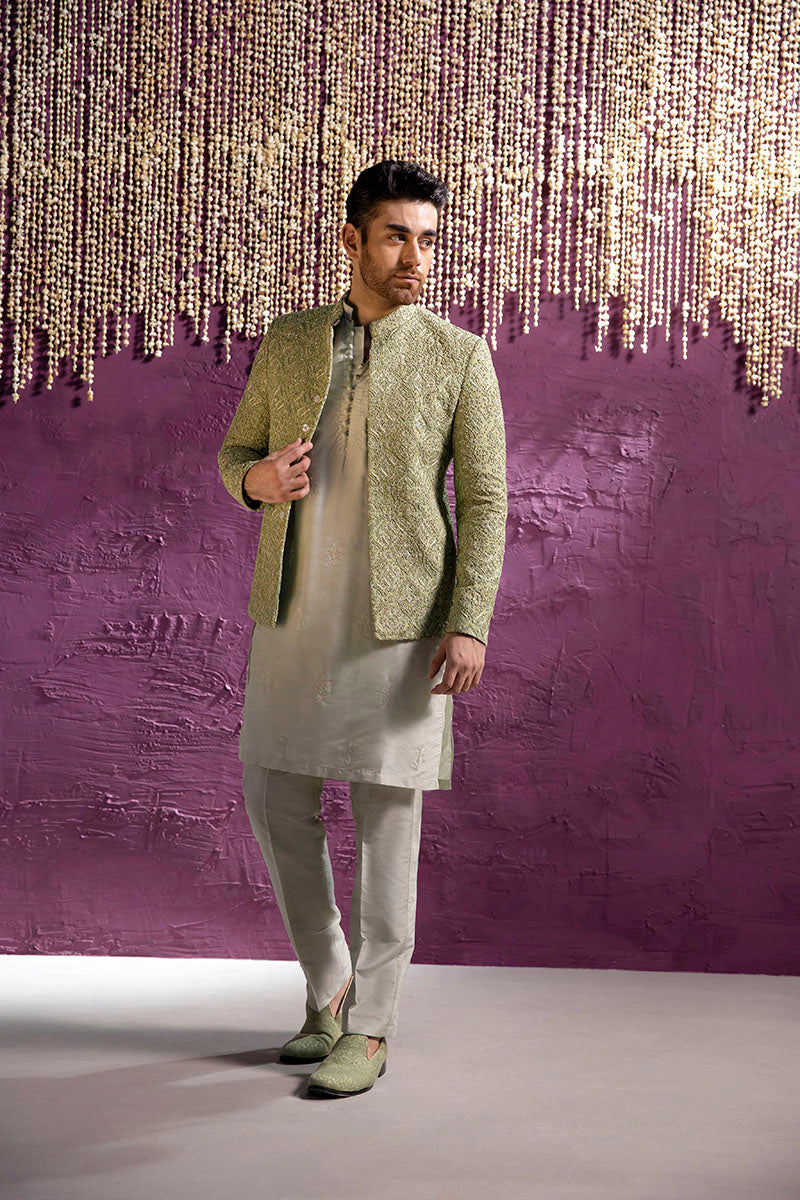 Mint Green Hand-Embellished Cotton Silk Jacquard Prince Coat (3-Piece) - Image 7