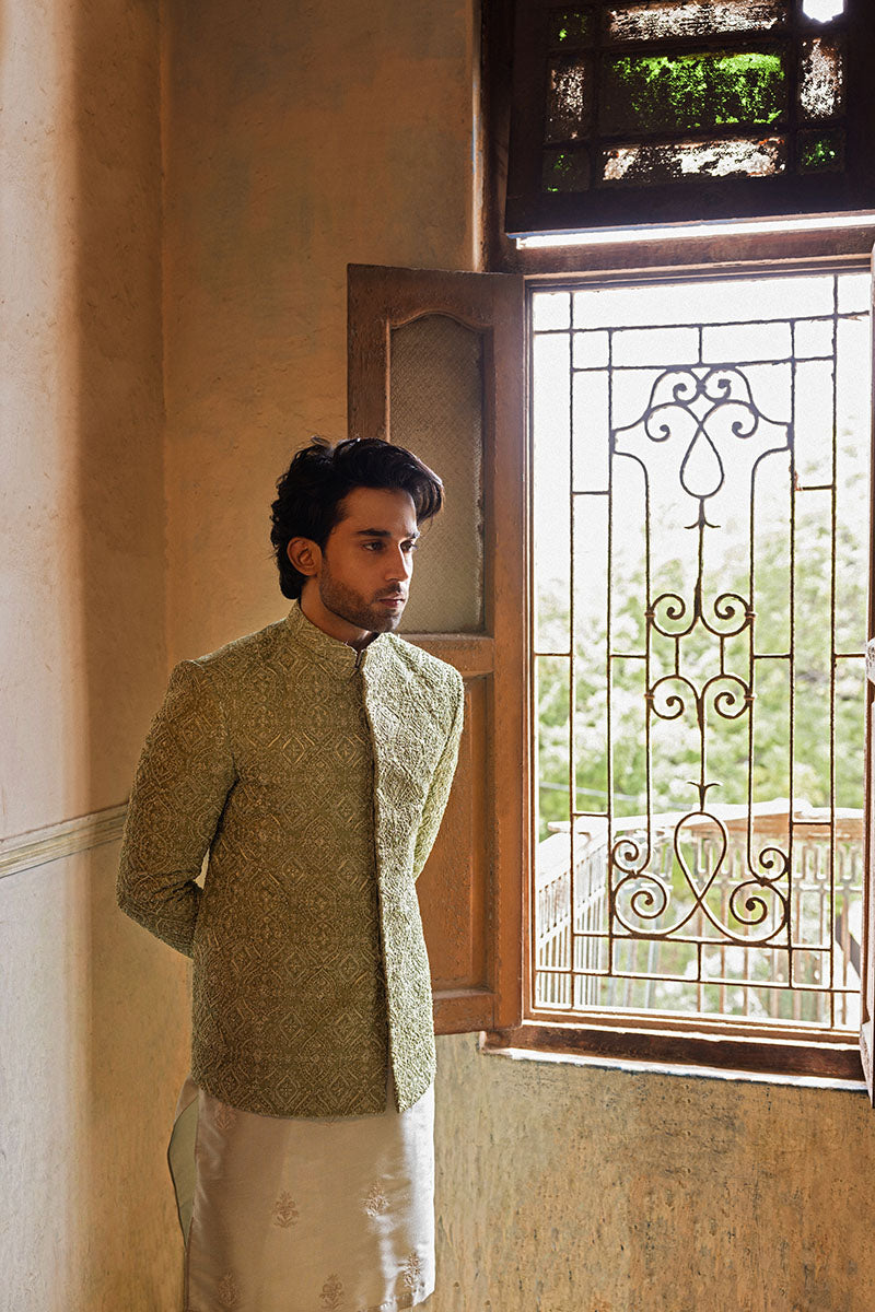 Mint Green Hand-Embellished Cotton Silk Jacquard Prince Coat (3-Piece) - Image 6