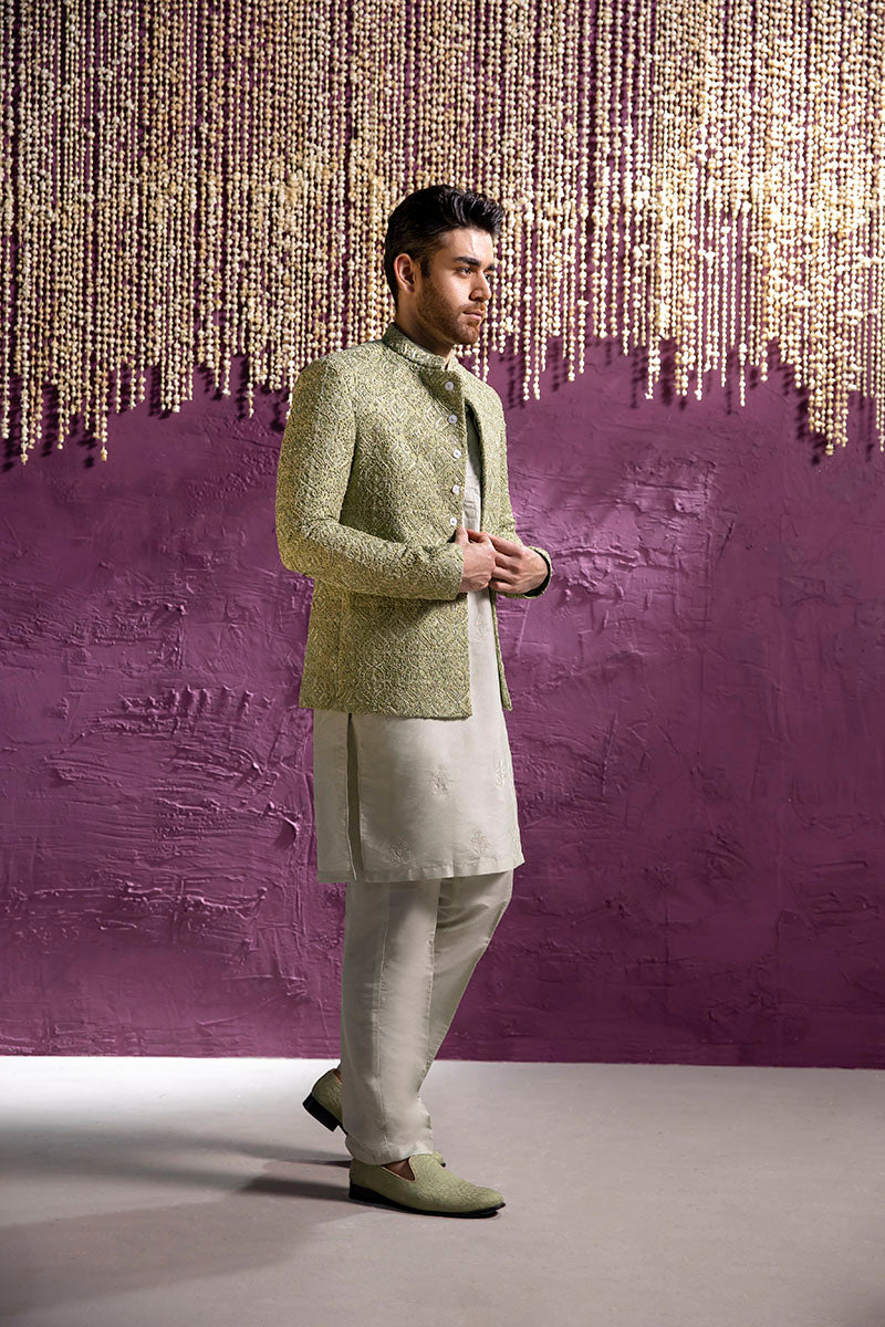 Mint Green Hand-Embellished Cotton Silk Jacquard Prince Coat (3-Piece) - Image 8