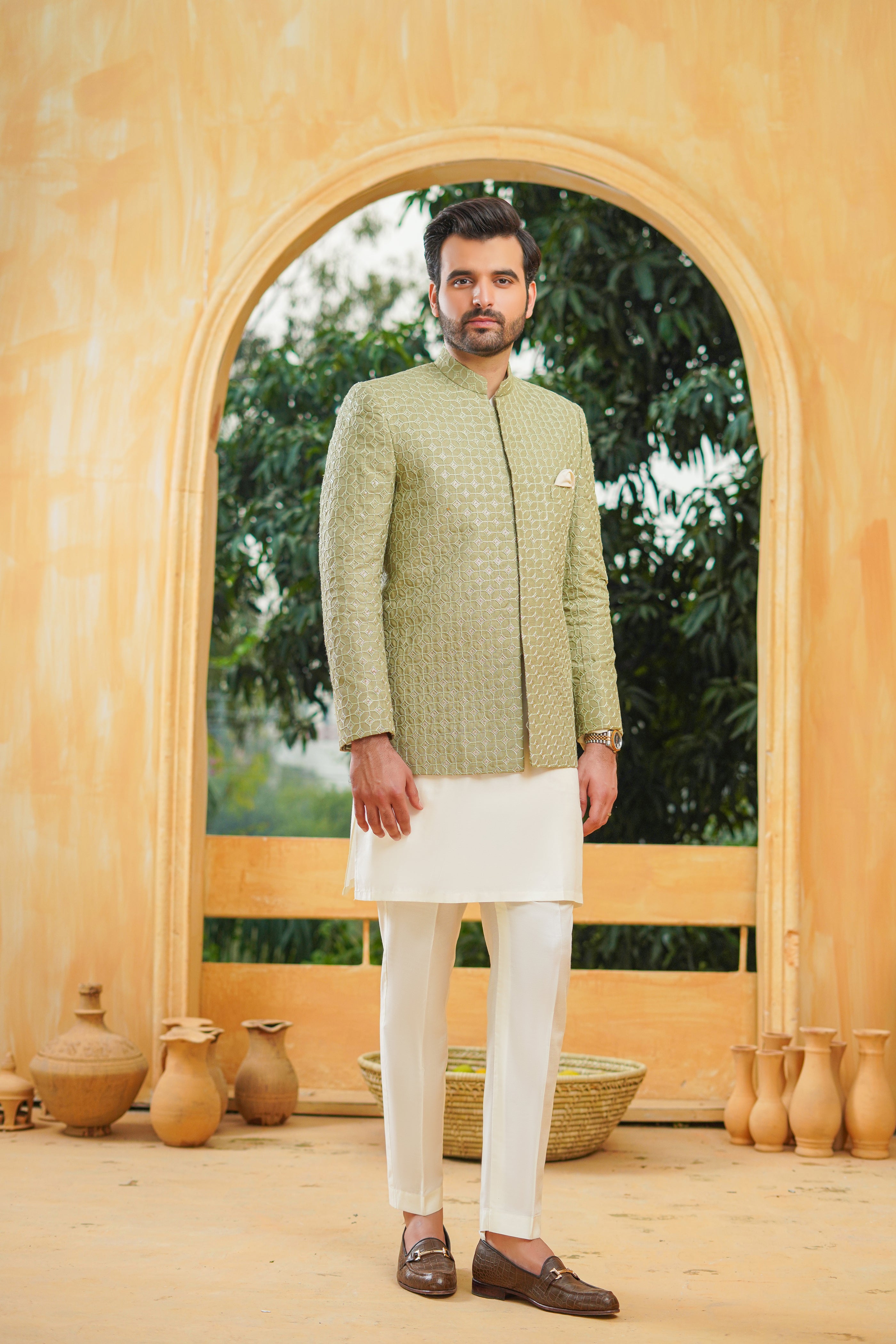 Mint Green Embroidered Sequin Prince Coat (3-Piece) - Image 3