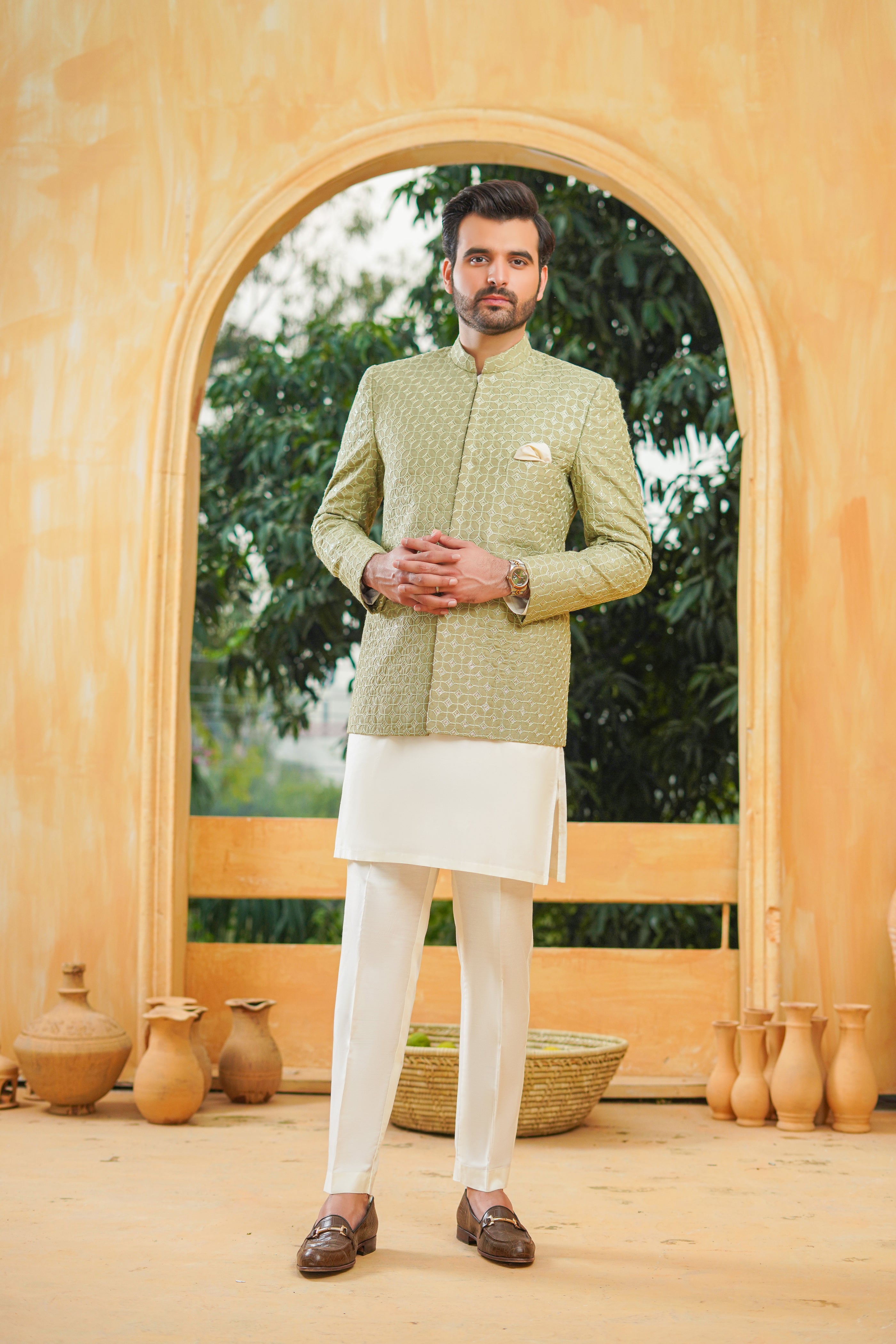 Mint Green Embroidered Sequin Prince Coat (3-Piece) - Image 4