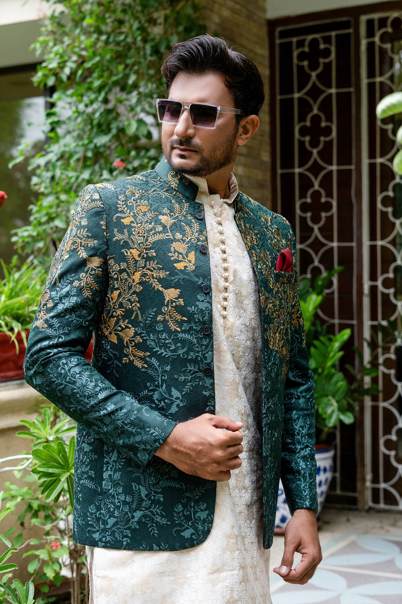 Green Copper Embroidered Jacquard Prince Coat (1-Pc) - Image 1