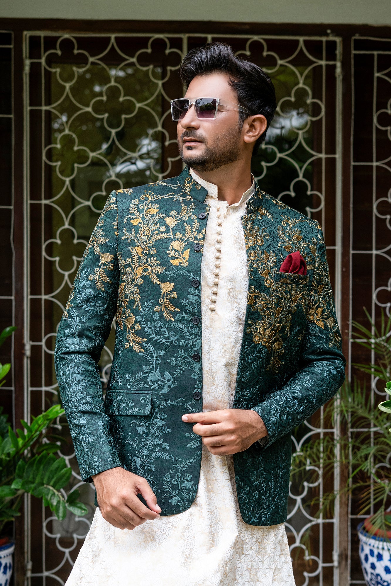 Green Copper Embroidered Jacquard Prince Coat (1-Pc) - Image 4