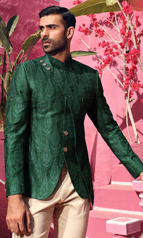 Emerald Green Jacquard Prince Coat (2-Piece) - Image 2