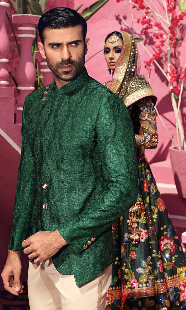 Emerald Green Jacquard Prince Coat (2-Piece) - Image 5