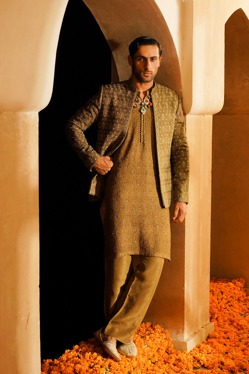 Olive Green Embroidered Jacquard Prince Coat (3-Piece) - Image 2