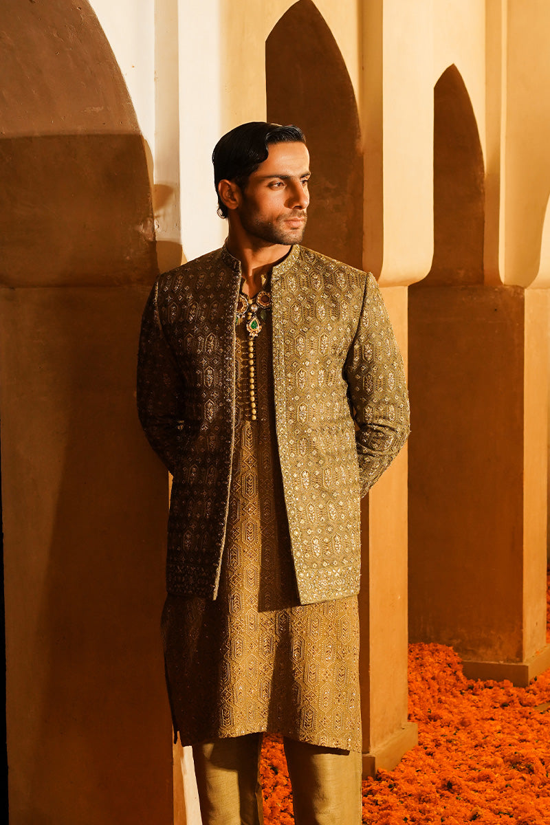 Olive Green Embroidered Jacquard Prince Coat (1-Pc) - Image 1