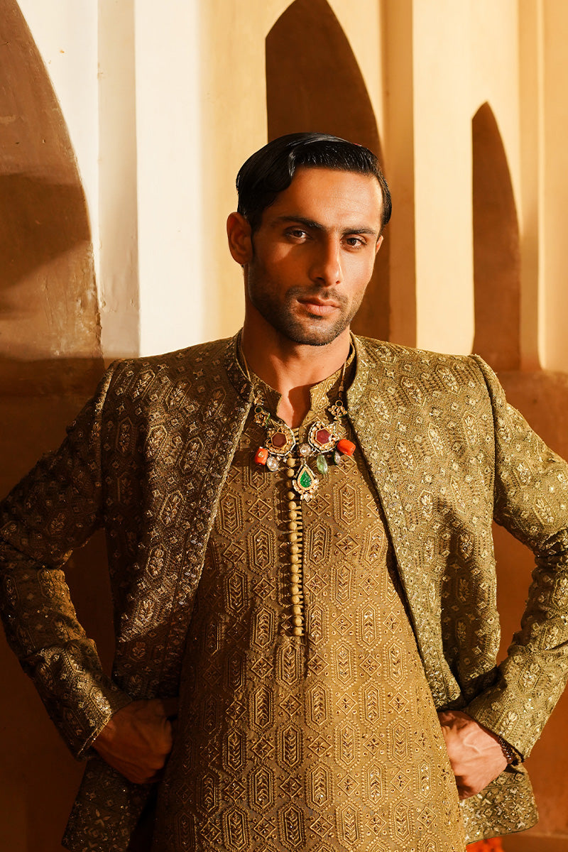 Olive Green Embroidered Jacquard Prince Coat (1-Pc) - Image 3