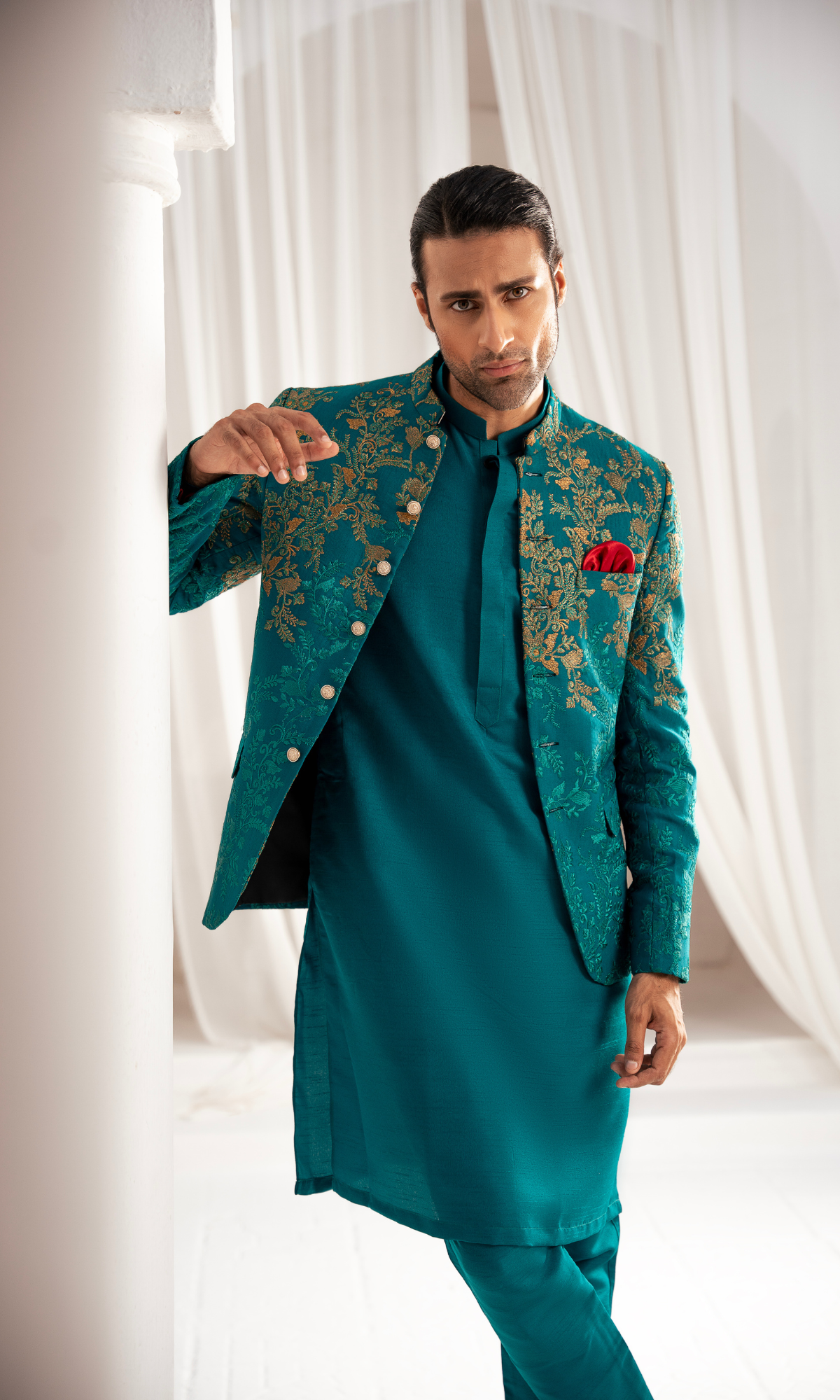 Emerald Green Embroidered Jacquard Prince Coat (3-Piece) - Image 1