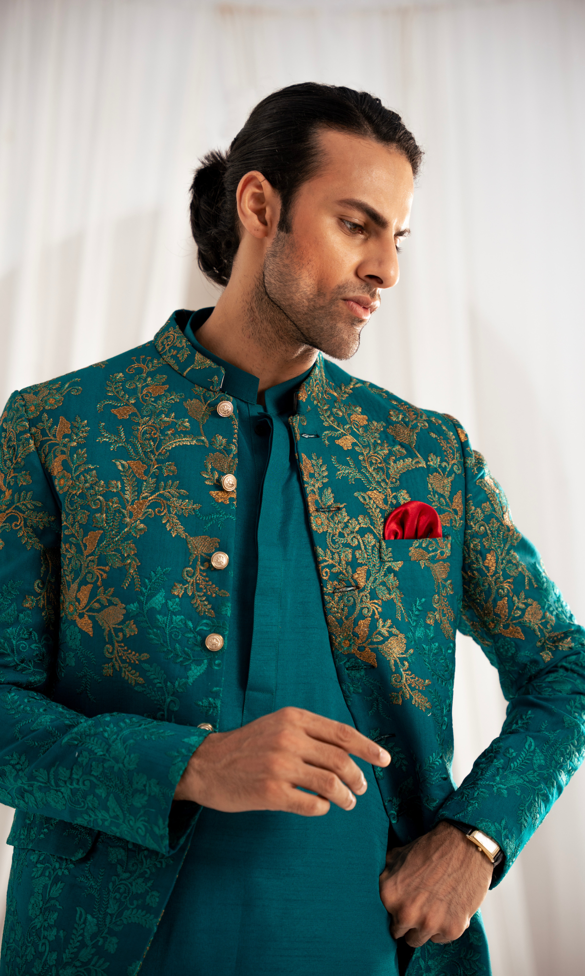 Emerald Green Embroidered Jacquard Prince Coat (3-Piece) - Image 2