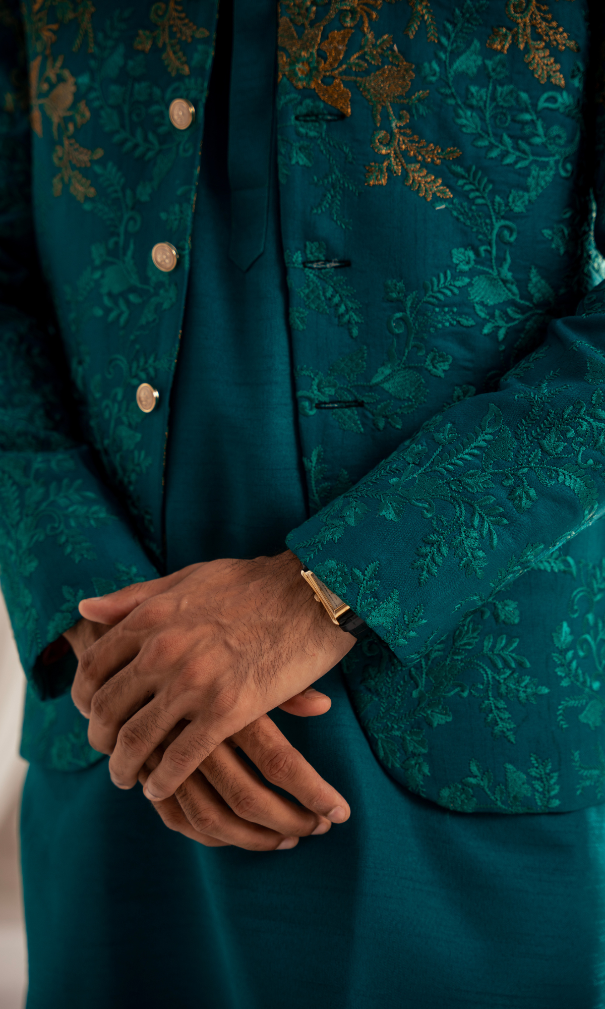 Emerald Green Embroidered Jacquard Prince Coat (3-Piece) - Image 5