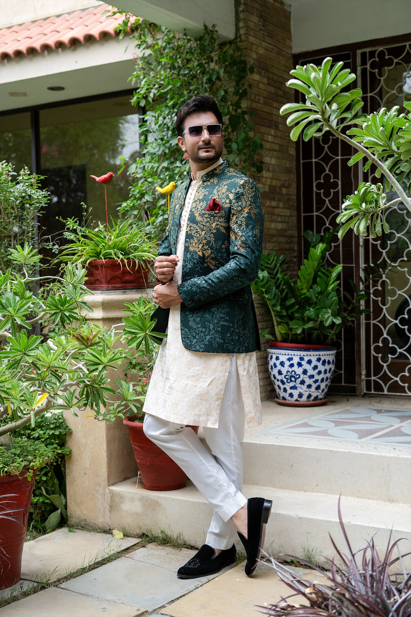 Green Copper Embroidered Jacquard Prince Coat (1-Pc) - Image 2