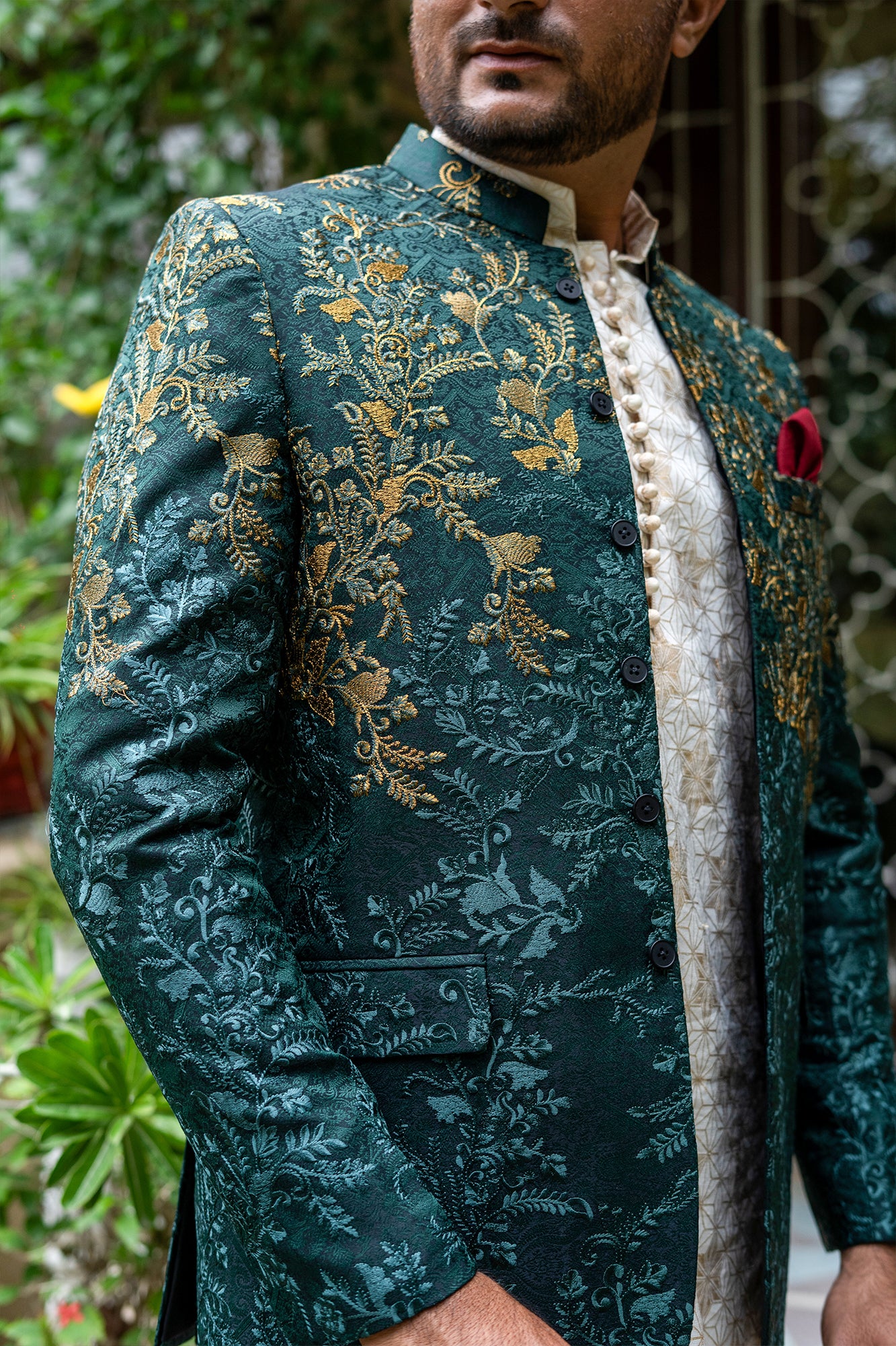 Green Copper Embroidered Jacquard Prince Coat (1-Pc) - Image 3