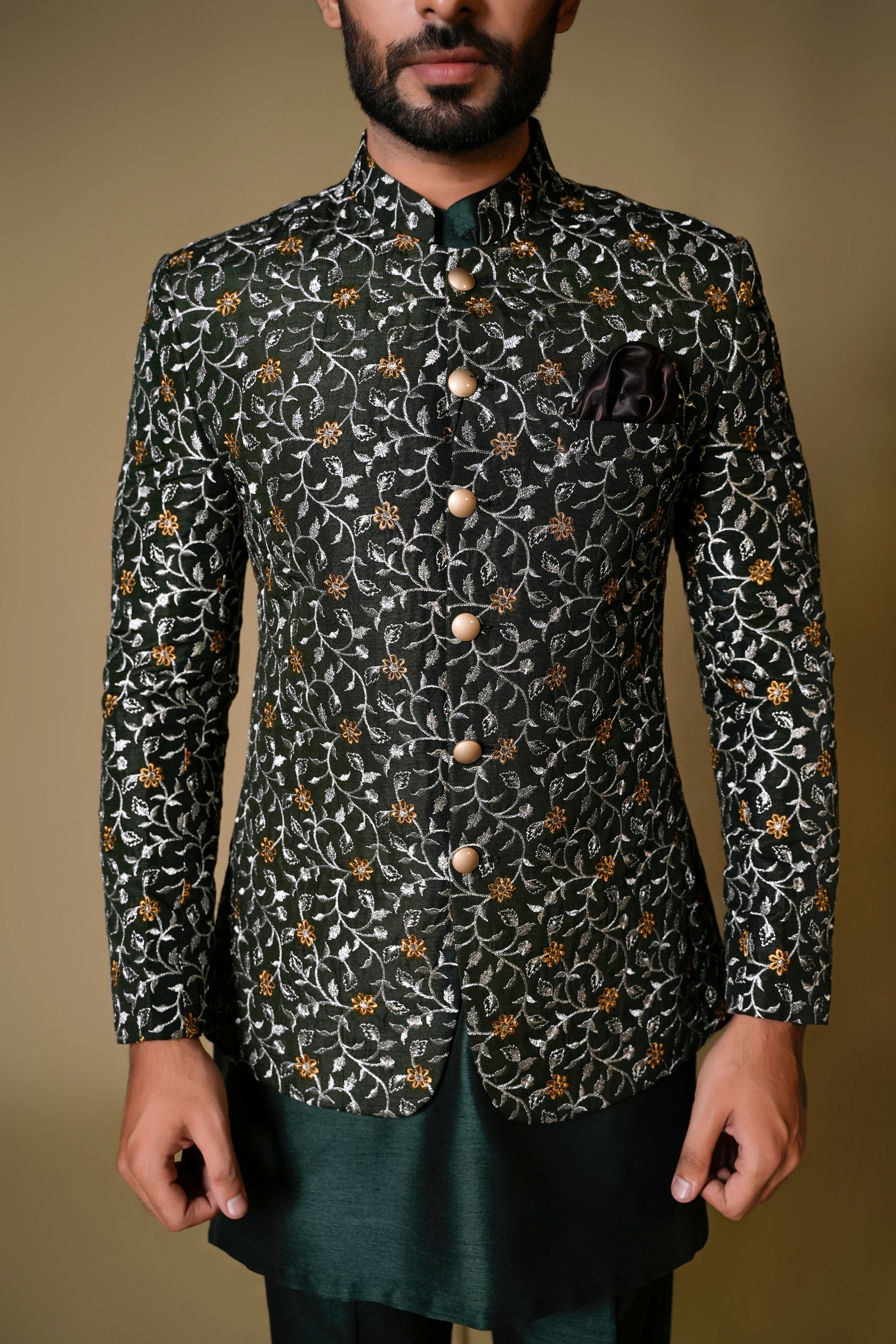 Deep Green Embroidered Jacquard Prince Coat (3-Piece) - Image 1