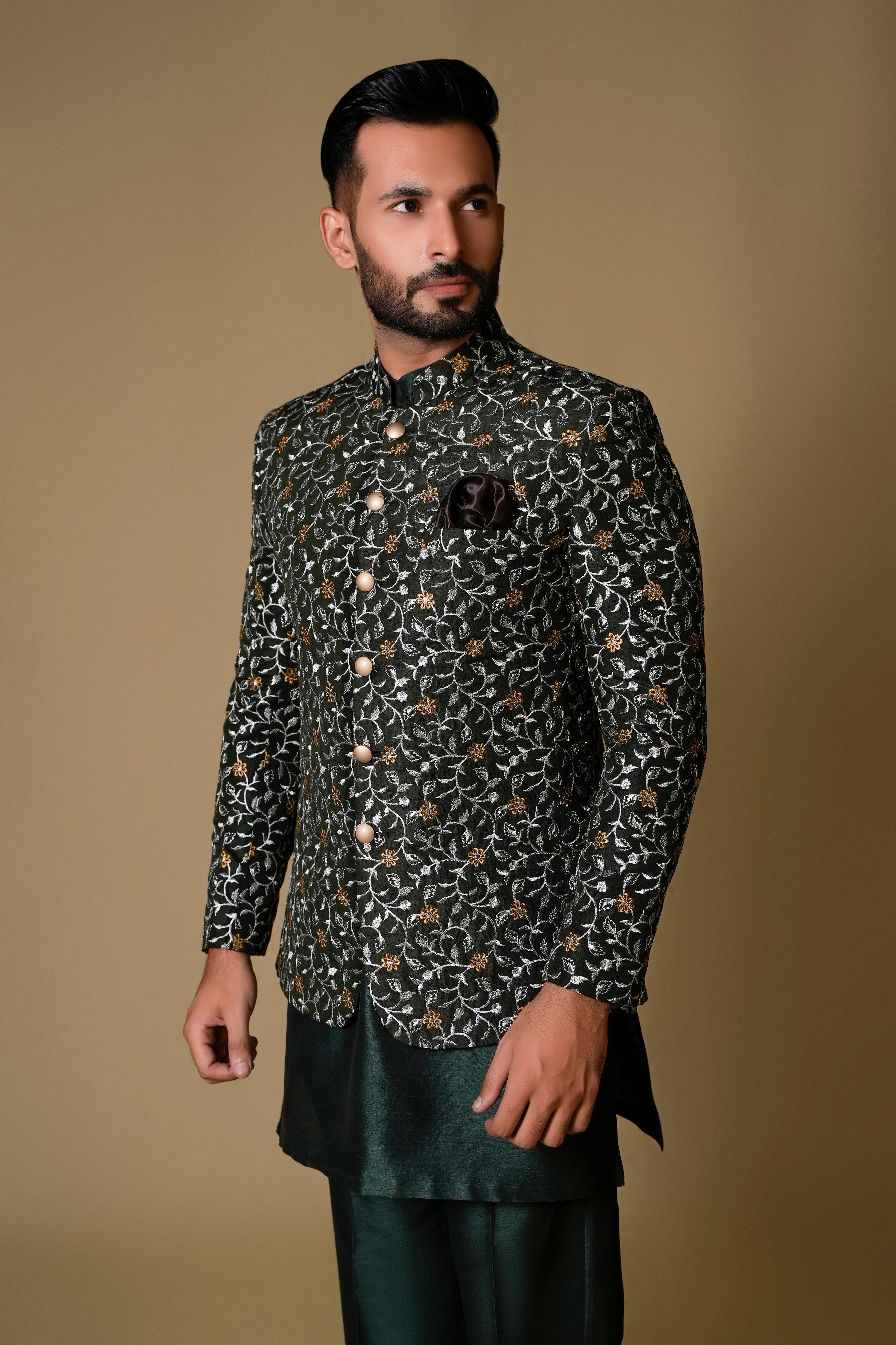 Deep Green Embroidered Jacquard Prince Coat (3-Piece) - Image 2