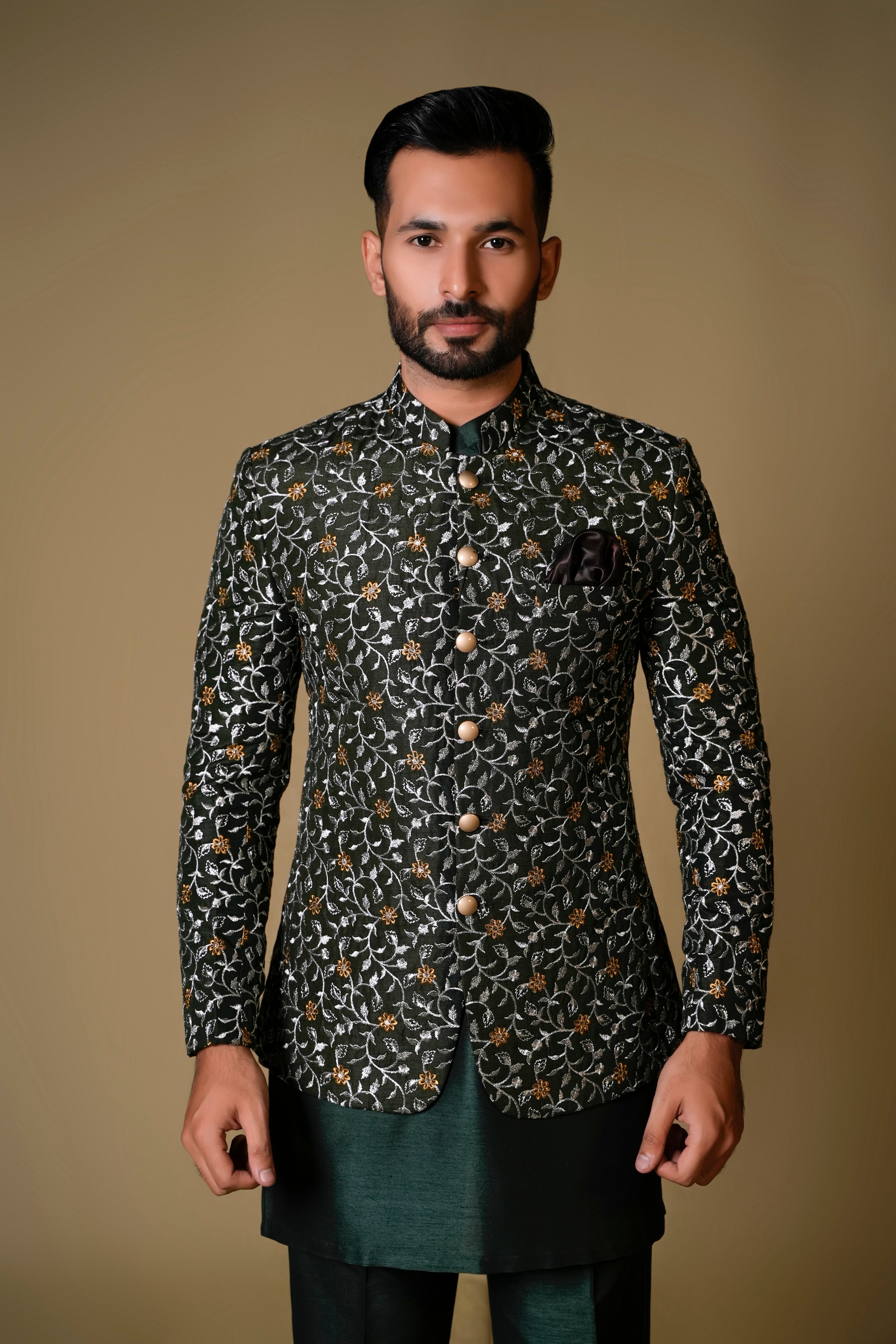 Deep Green Embroidered Jacquard Prince Coat (3-Piece) - Image 3