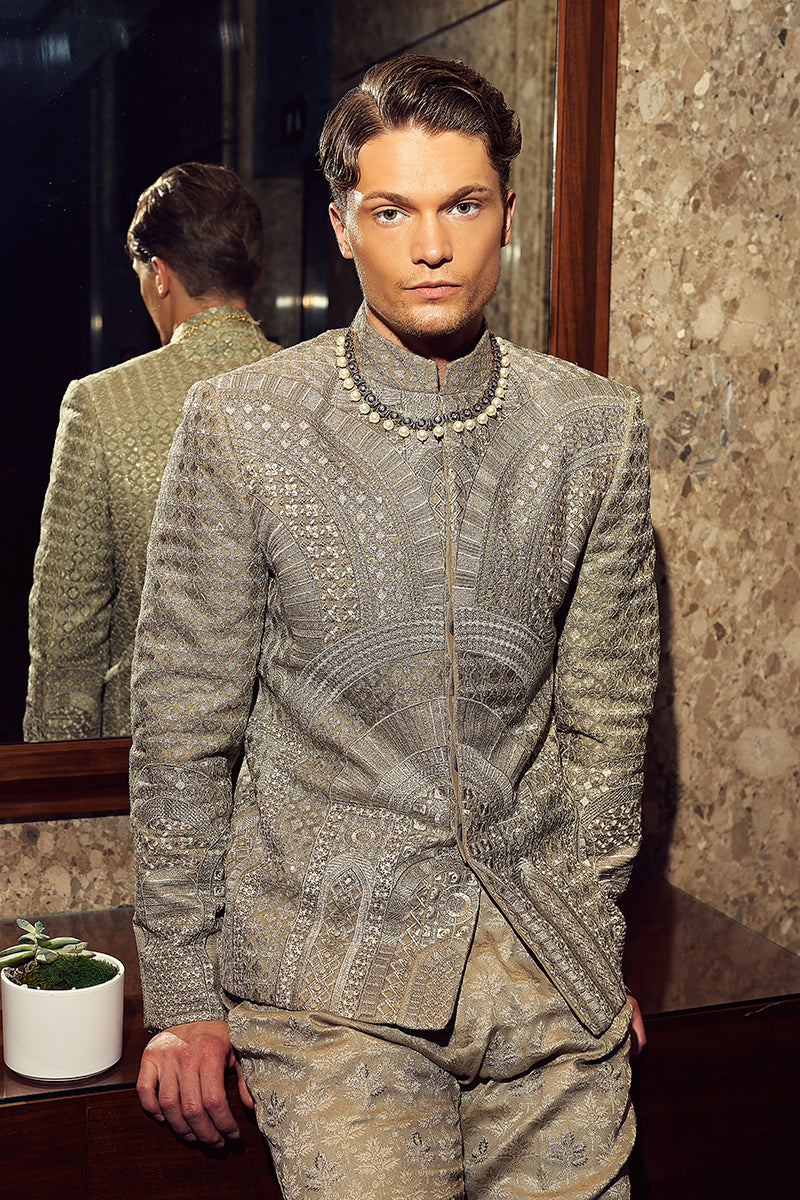 Olive Green Tilla Sequin Jamawar Prince Coat (2-Piece) - Image 2