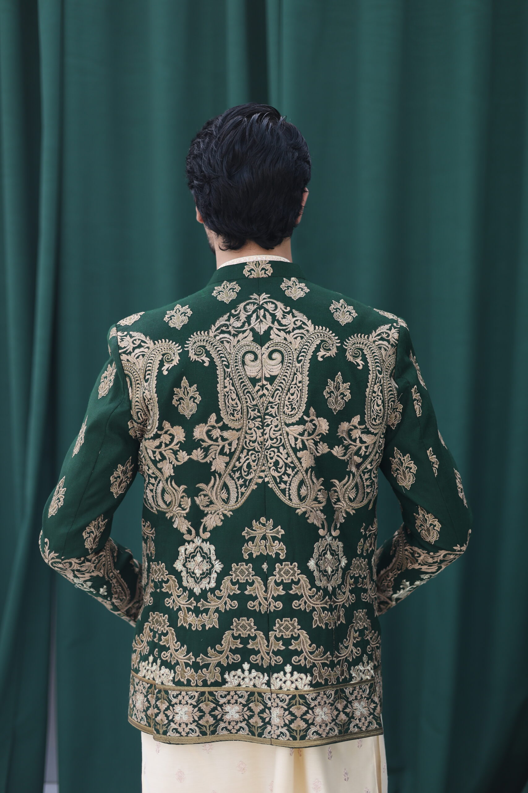 Green Embroidered Jamawar Prince Coat (3-Piece) - Image 10