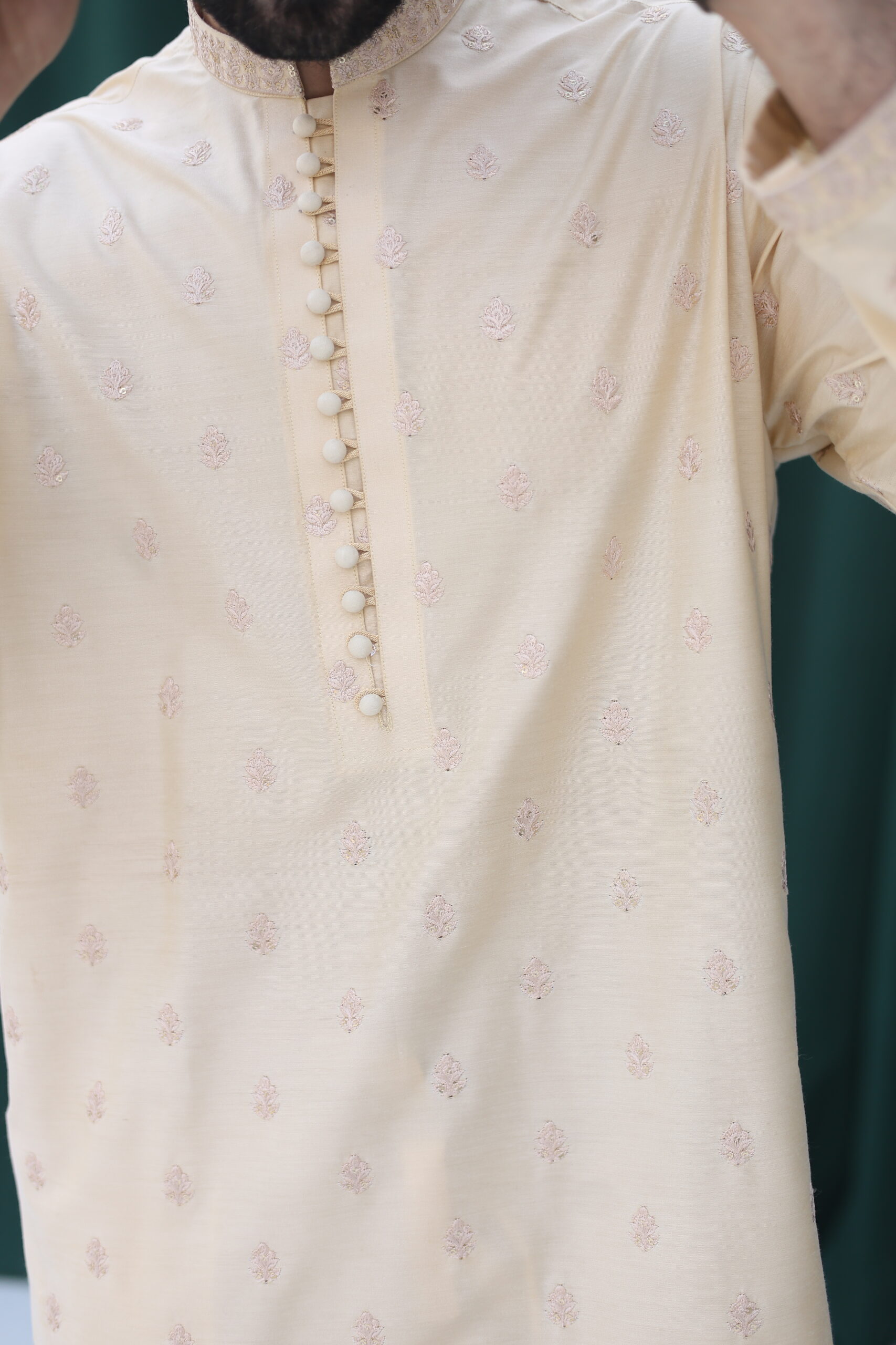 Green Embroidered Jamawar Prince Coat (3-Piece) - Image 8