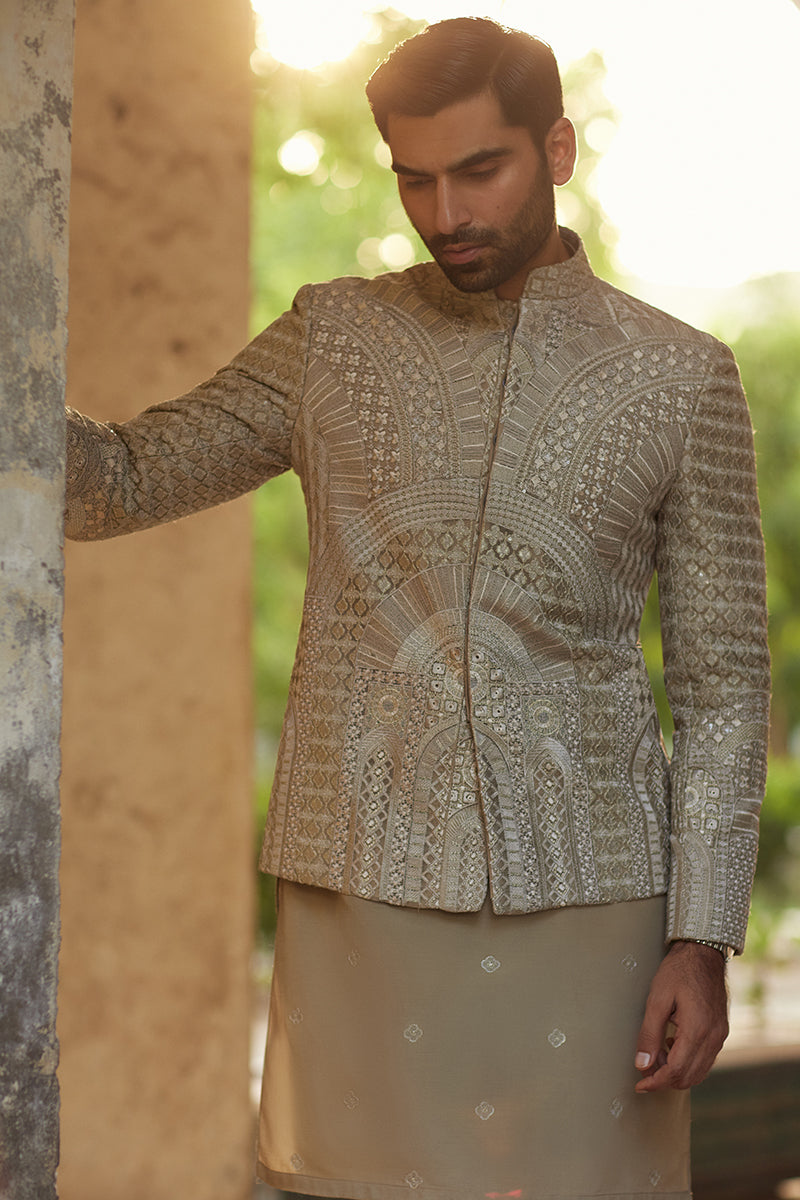 Olive Green Tilla & Sequin Jamawar Prince Coat (3-Piece) - Image 5