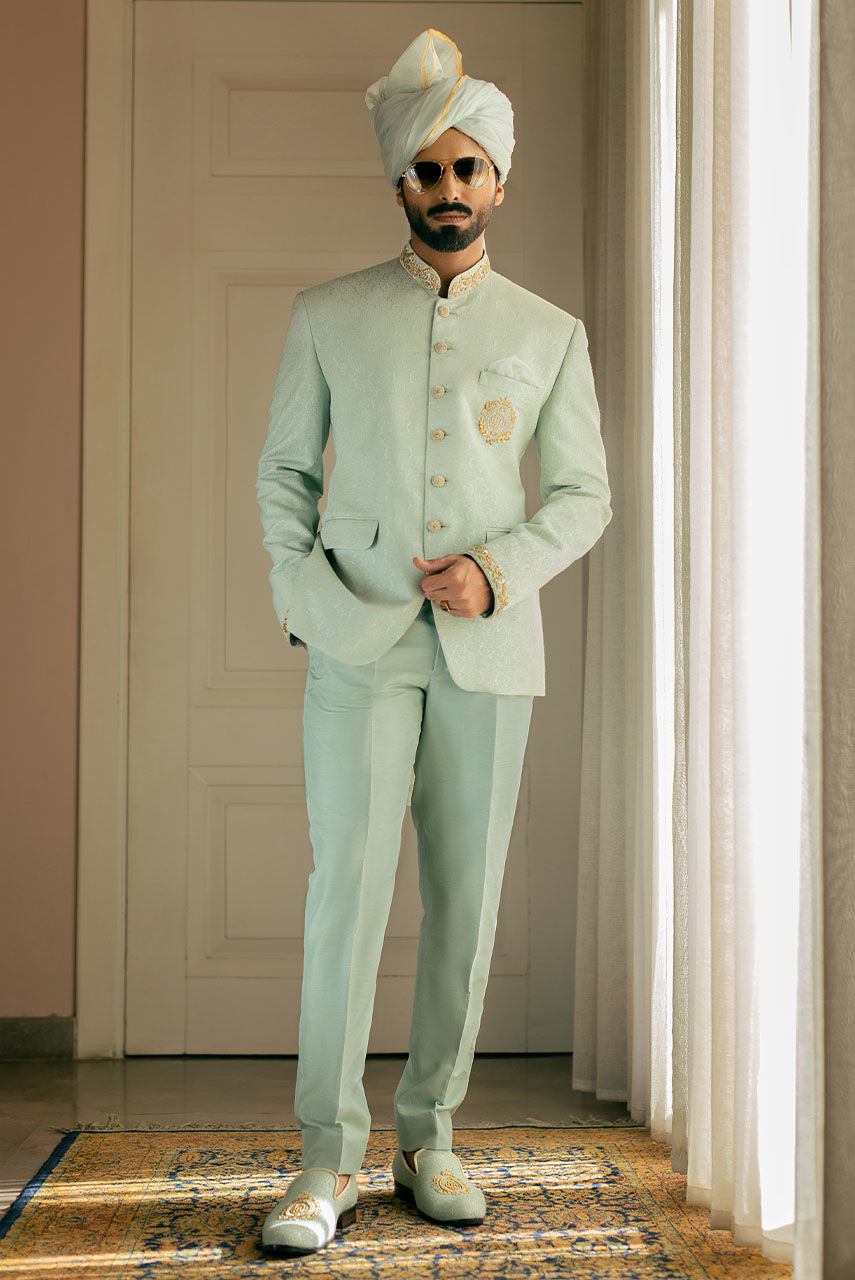 Mint Green Hand Embroidered Jamawar Prince Coat (2-Piece) - Image 1