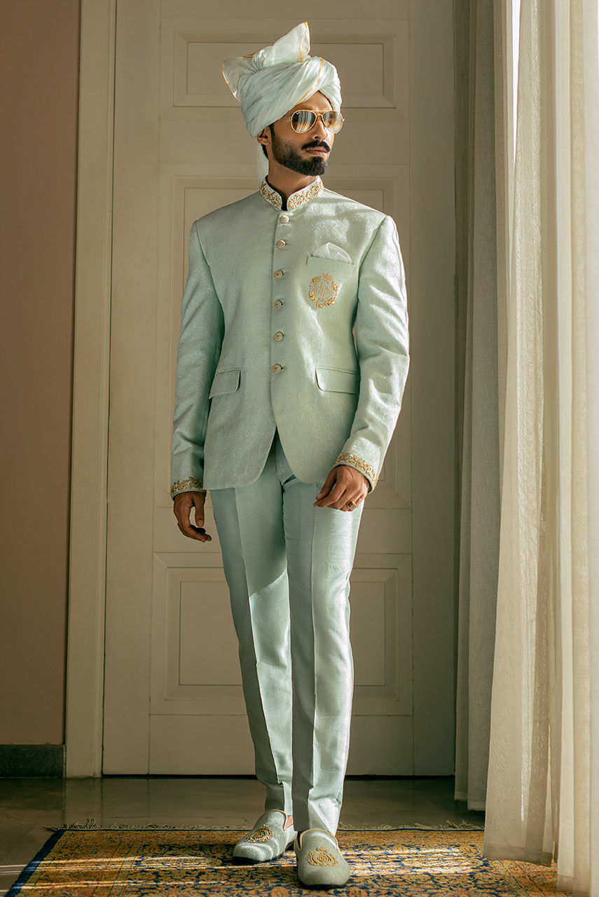 Mint Green Hand Embroidered Jamawar Prince Coat (2-Piece) - Image 2