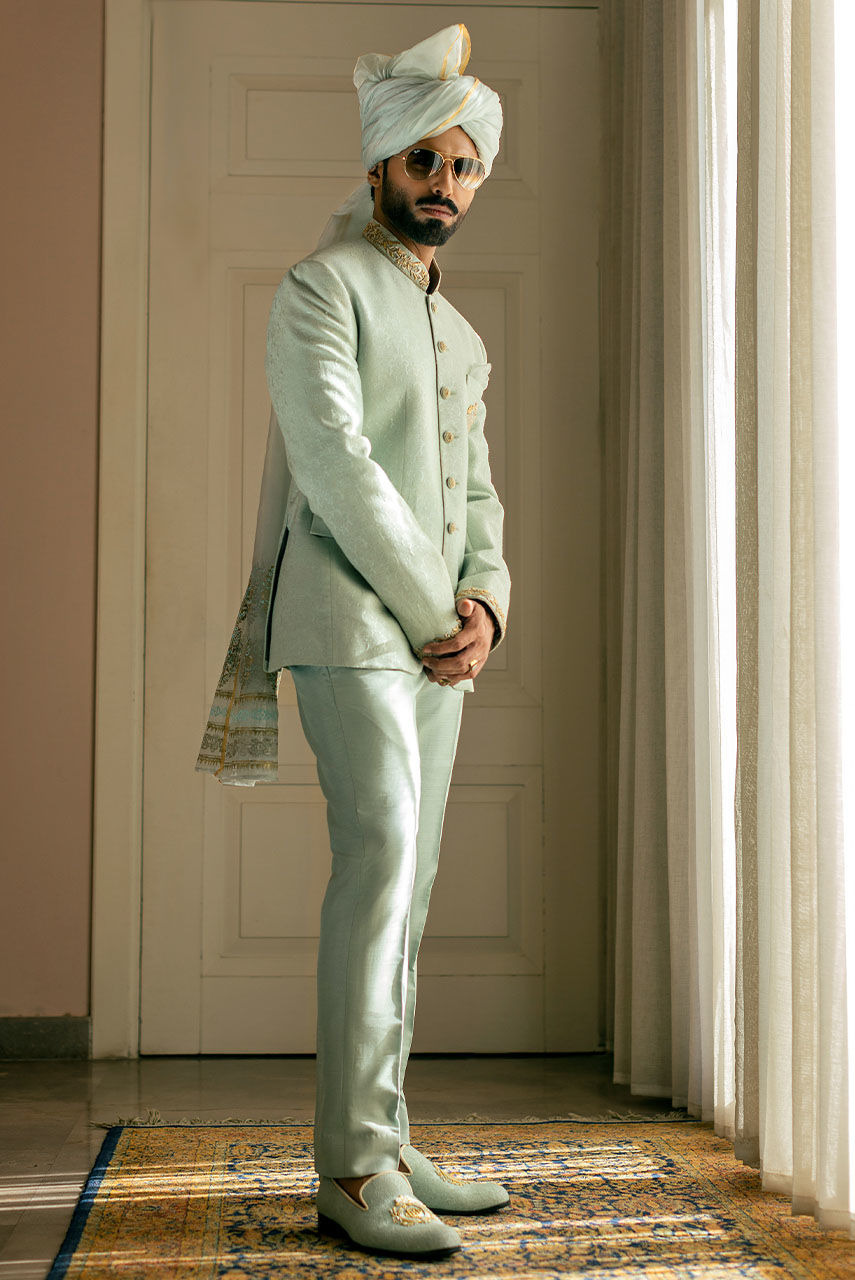 Mint Green Hand Embroidered Jamawar Prince Coat (2-Piece) - Image 3