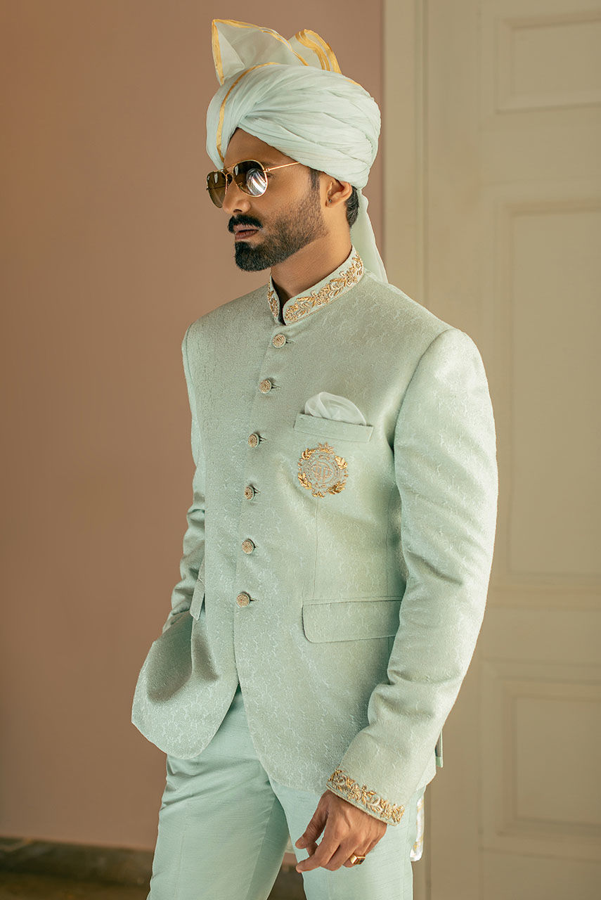 Mint Green Hand Embroidered Jamawar Prince Coat (2-Piece) - Image 4