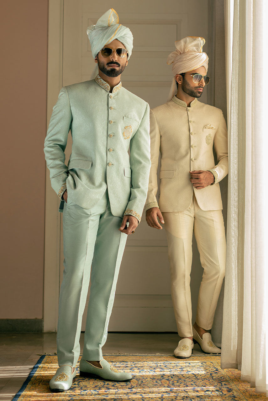 Mint Green Hand Embroidered Jamawar Prince Coat (2-Piece) - Image 5