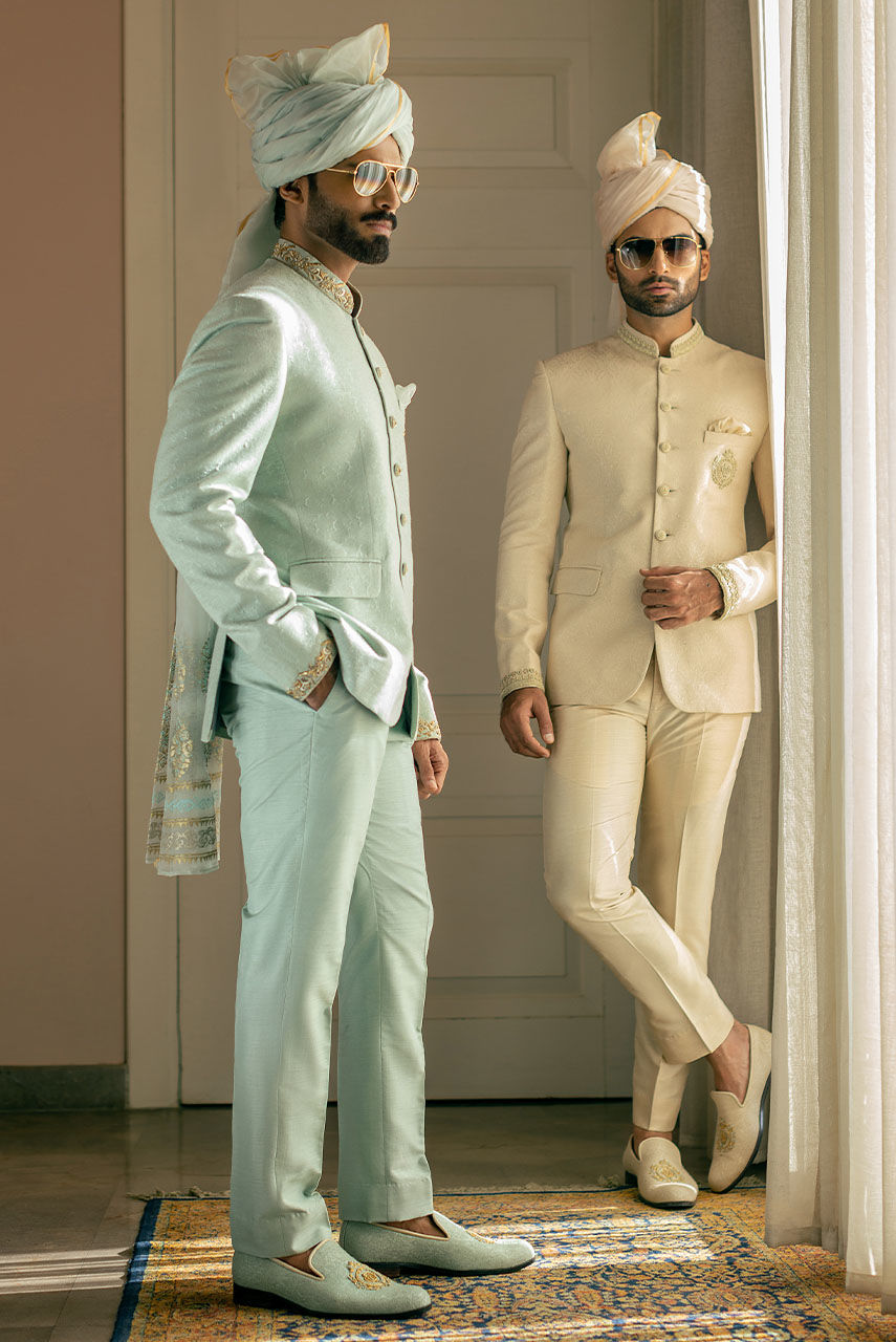 Mint Green Hand Embroidered Jamawar Prince Coat (2-Piece) - Image 6