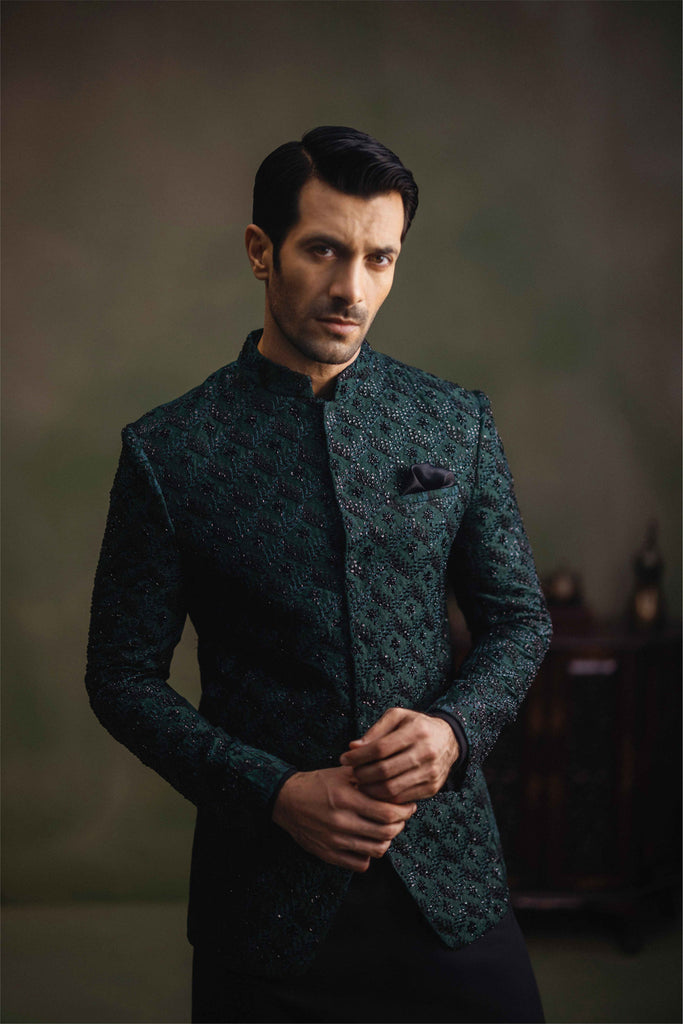 Dark Green Handworked Jamawar Prince Coat (3-Piece) - Image 1