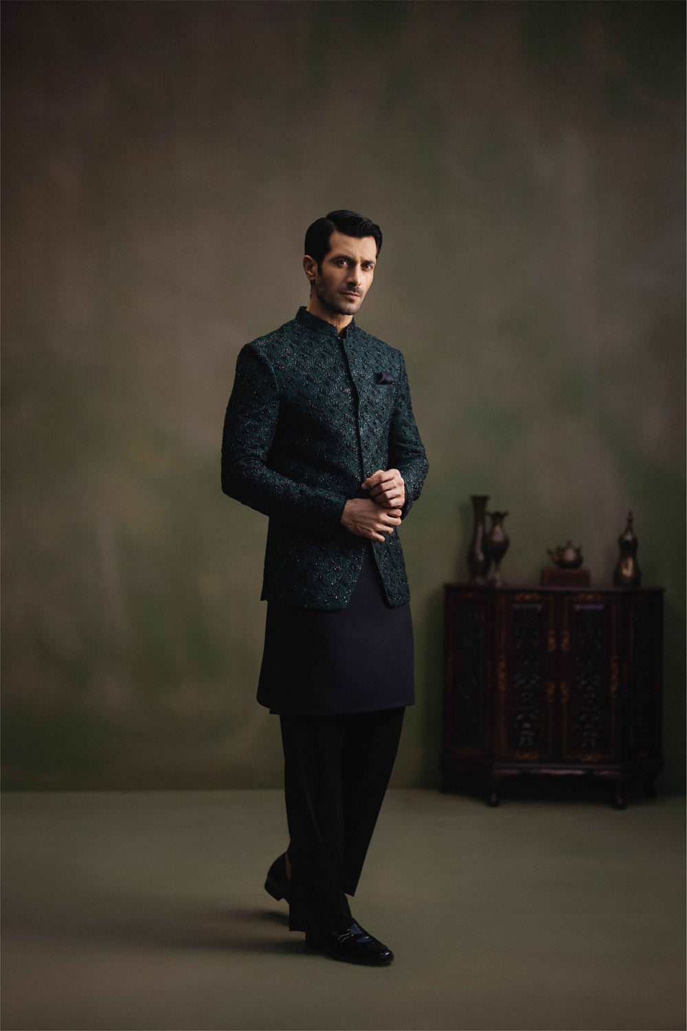 Dark Green Handworked Jamawar Prince Coat (3-Piece) - Image 3