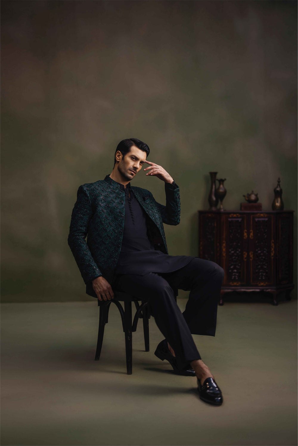 Dark Green Handworked Jamawar Prince Coat (3-Piece) - Image 4