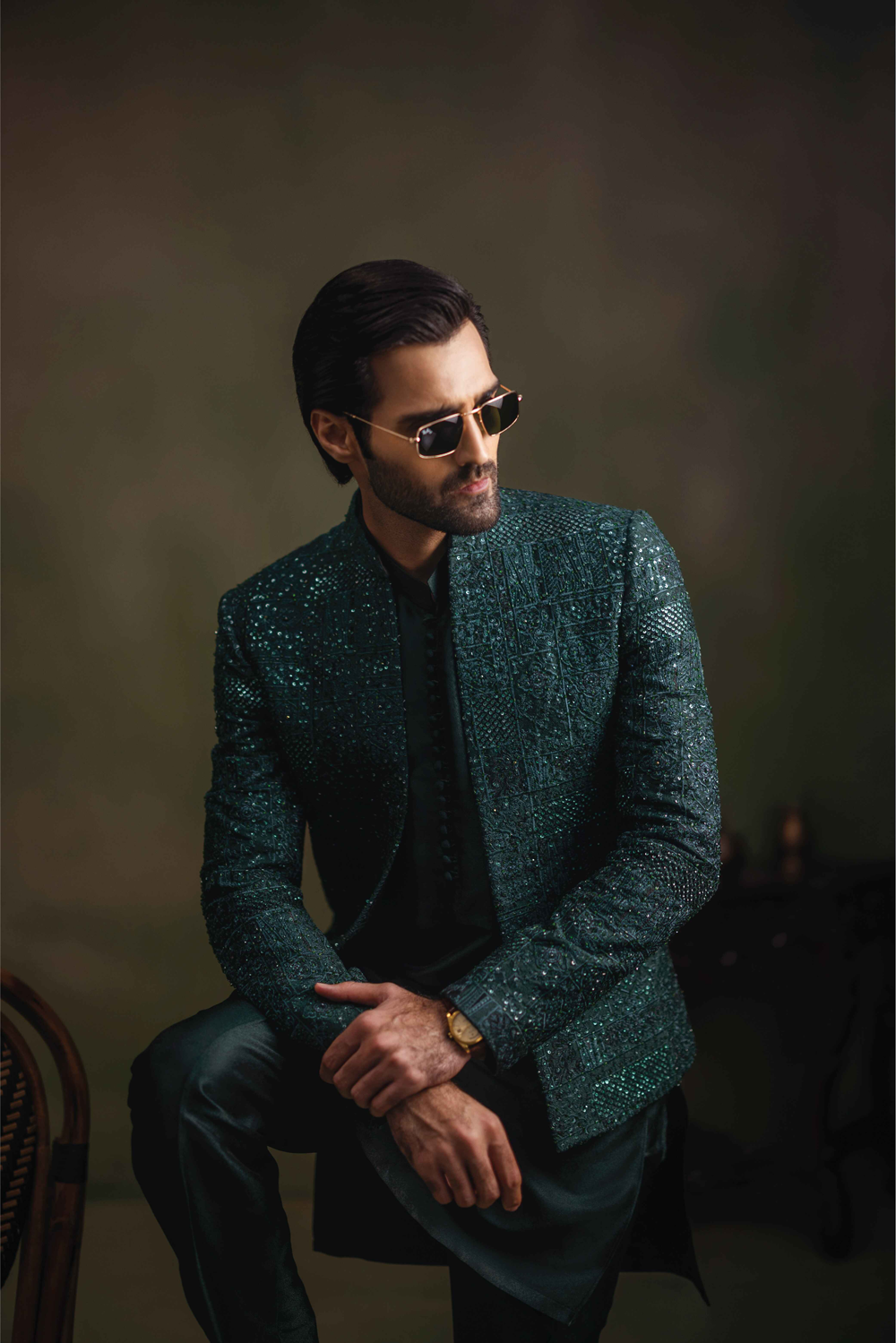 Dark Green Handworked Self-Jamawar Prince Coat (3-Piece) - Image 2