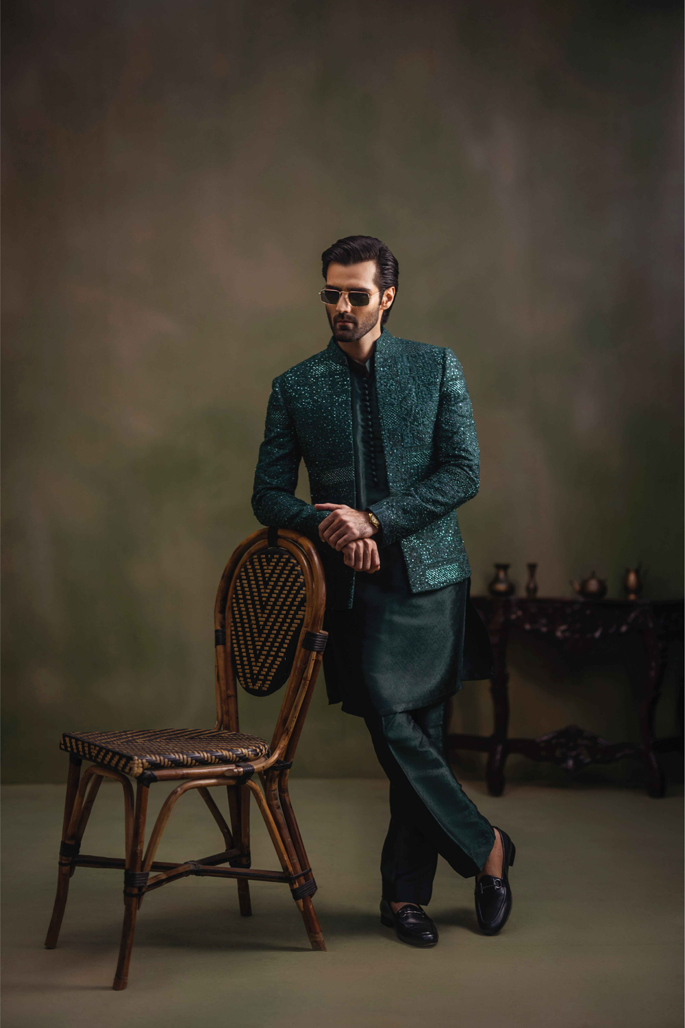 Dark Green Handworked Self-Jamawar Prince Coat (3-Piece) - Image 3
