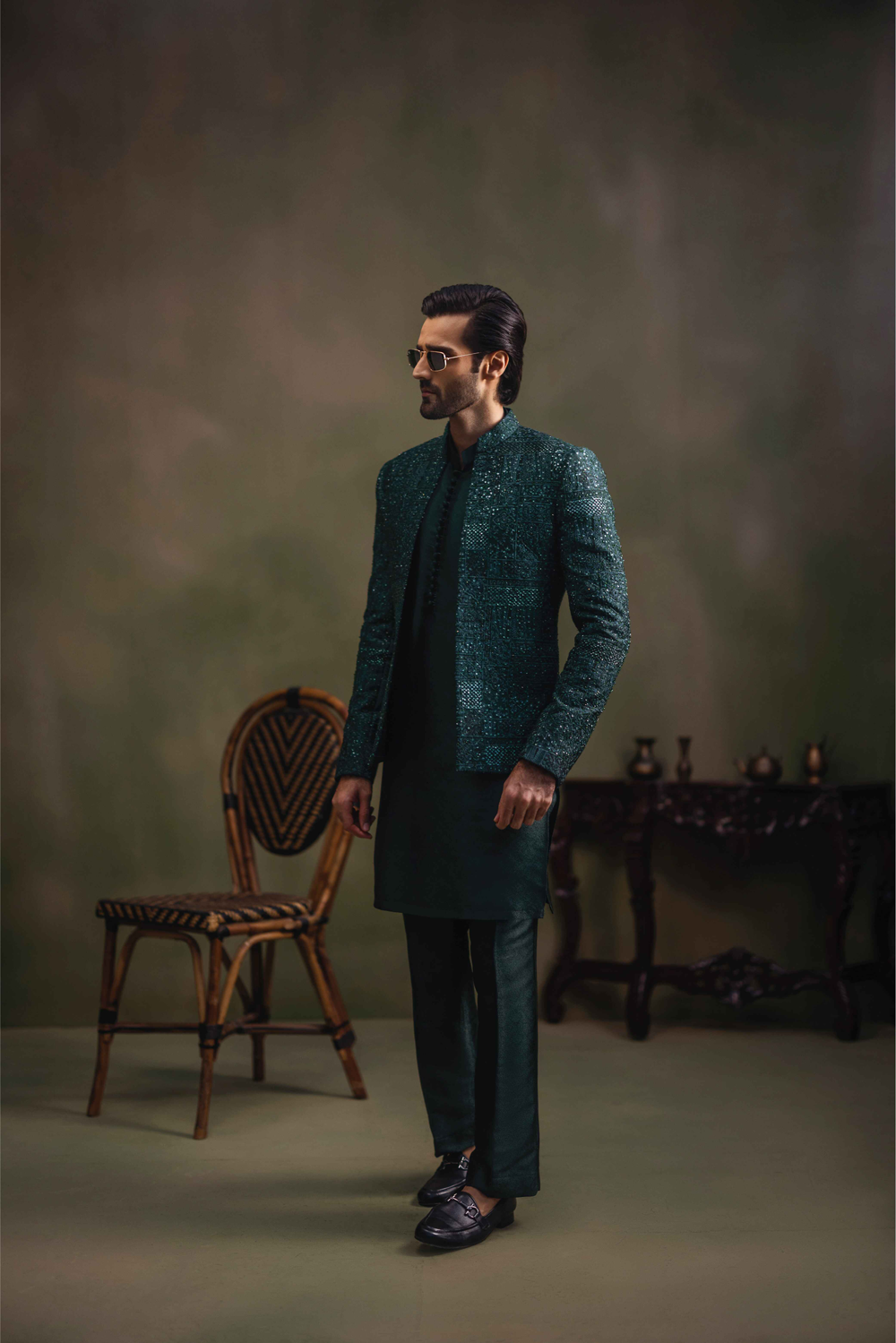 Dark Green Handworked Self-Jamawar Prince Coat (3-Piece) - Image 4