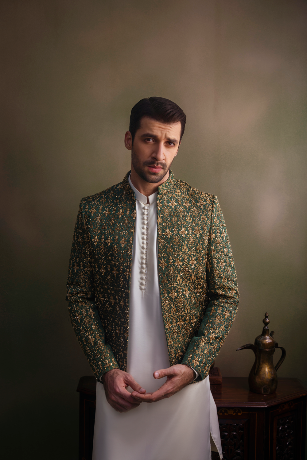 Green Zari Handworked Jamawar Prince Coat (2-Piece) - Image 4