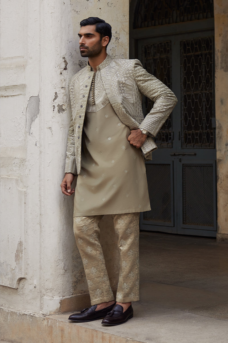 Olive Green Tilla Embroidered Jamawar Prince Coat (1-Pc) - Image 2