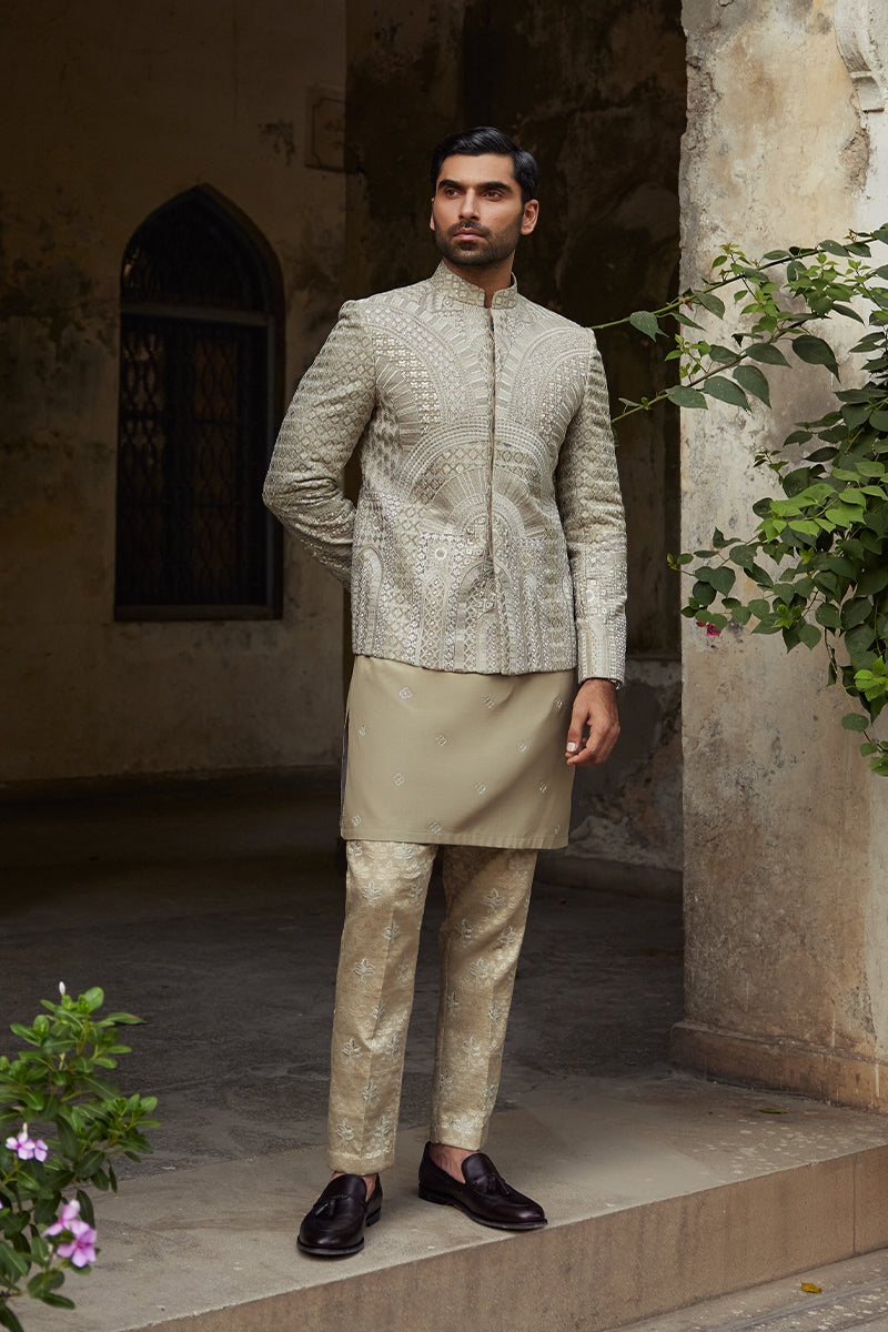 Olive Green Tilla Embroidered Jamawar Prince Coat (1-Pc) - Image 4