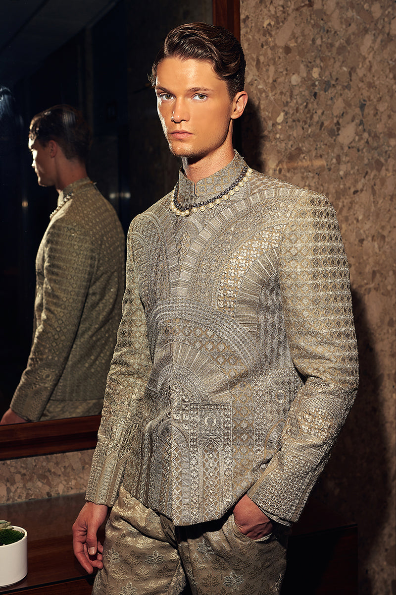 Olive Green Tilla Sequin Jamawar Prince Coat (2-Piece) - Image 4