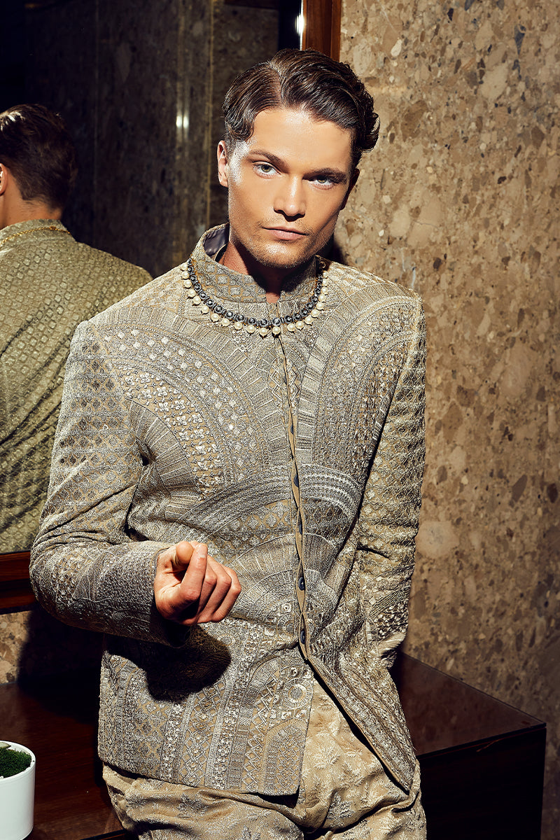 Olive Green Tilla Sequin Jamawar Prince Coat (2-Piece) - Image 5